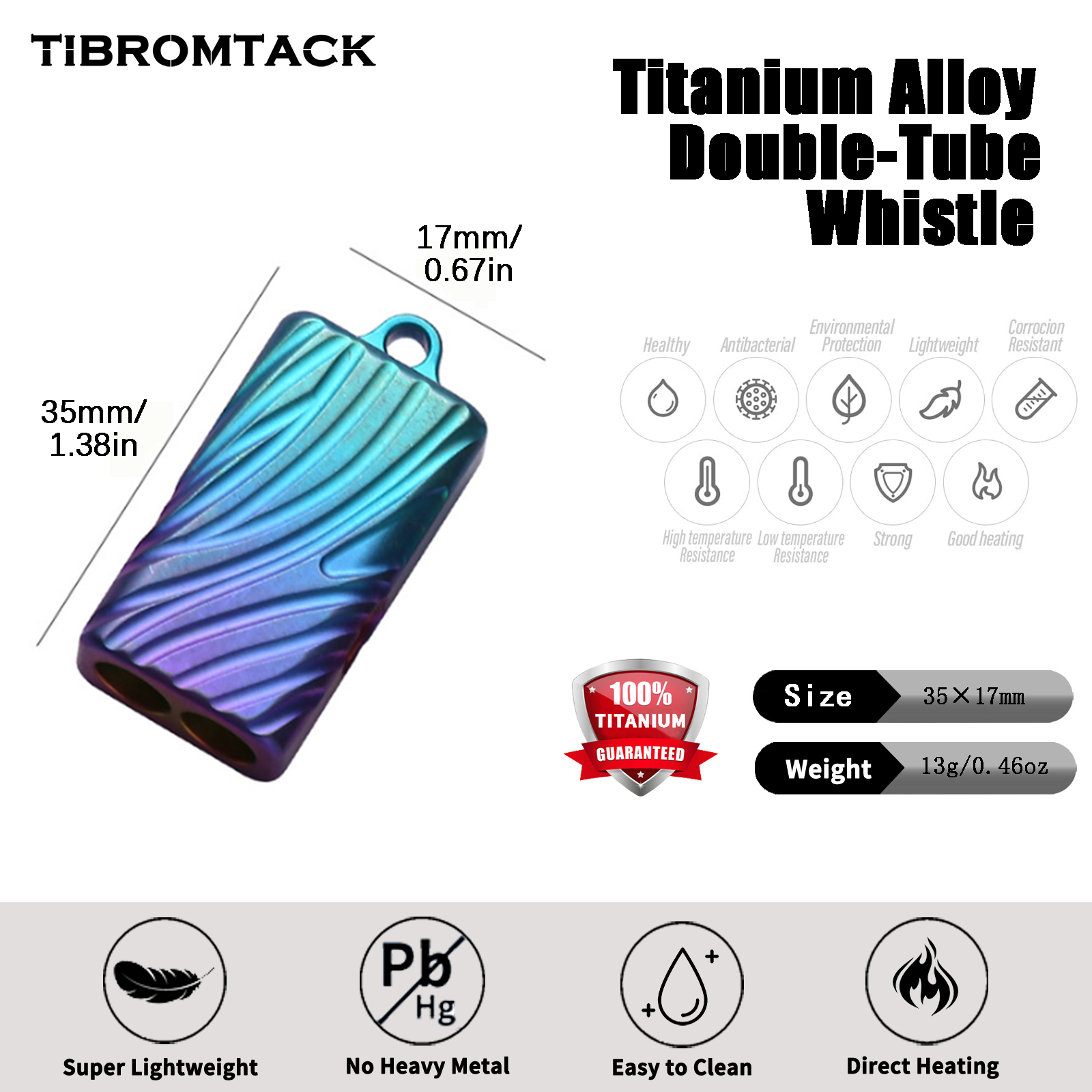 TIBROMTACK Gr5 Titanium Double Tube Whistle, Lightweight Emergency Survival Whistle for Hiking Camping, Rustproof Titanium Alloy Whistle for Adults, Dog Training & Outdoor EDC