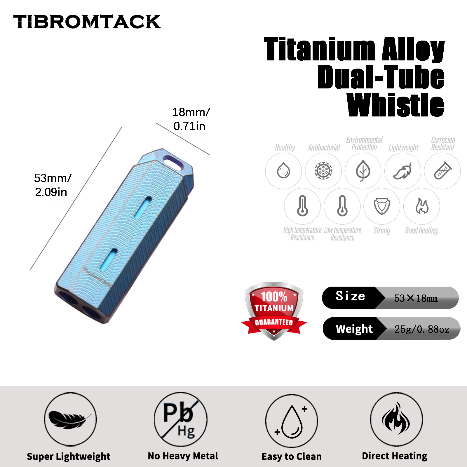 TIBROMTACK Gr5 Titanium Dual Tube Whistle, Loud Emergency Survival Whistle, Lightweight Safe Whistle for Adults Emergency, Dog Training, Hiking & Camping