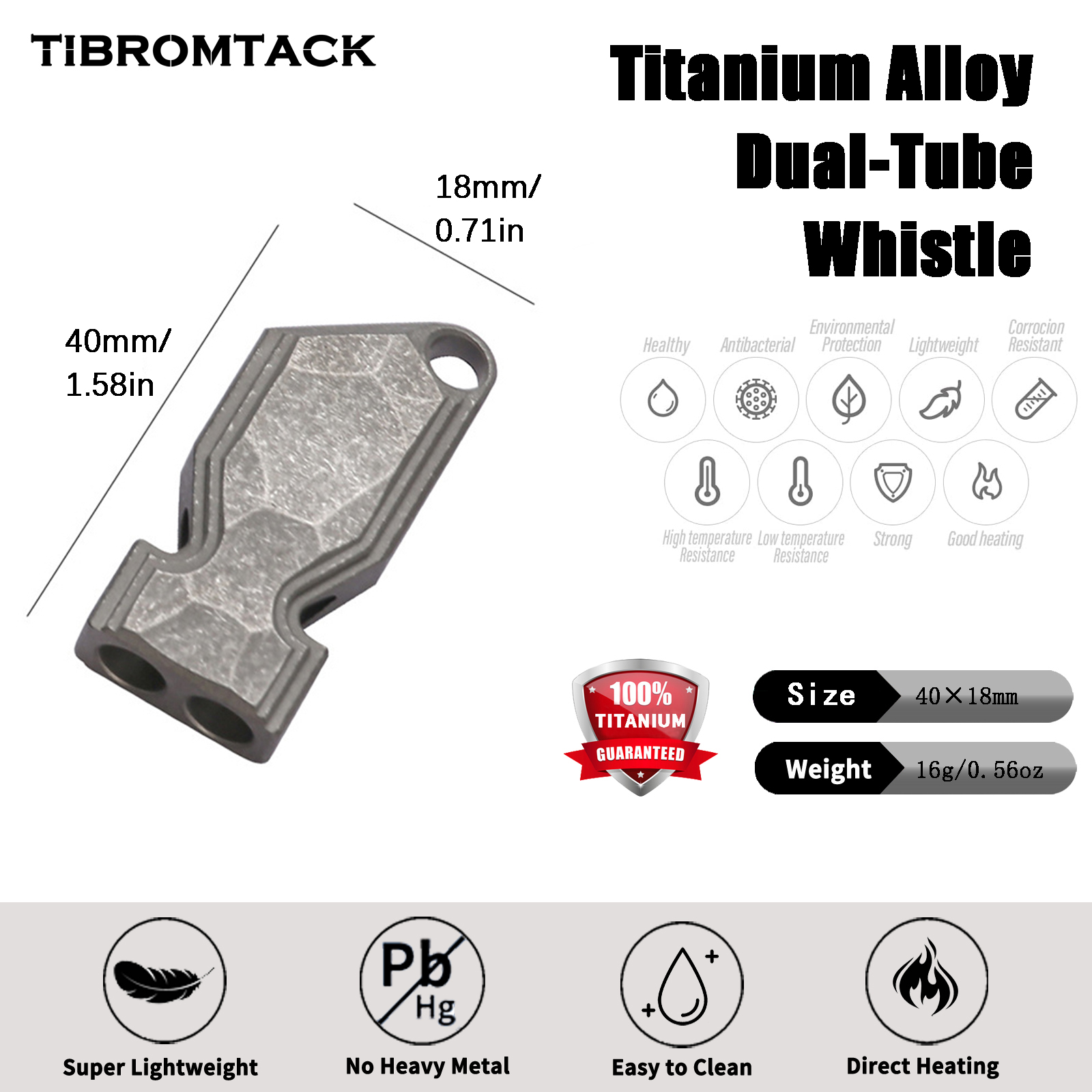 TIBROMTACK Gr5 Titanium Alloy Dual Tube Whistle, Loud Emergency Survival Whistle for Adults, Lightweight & Durable Outdoor Safety Whistle for Hiking Camping Dog Training