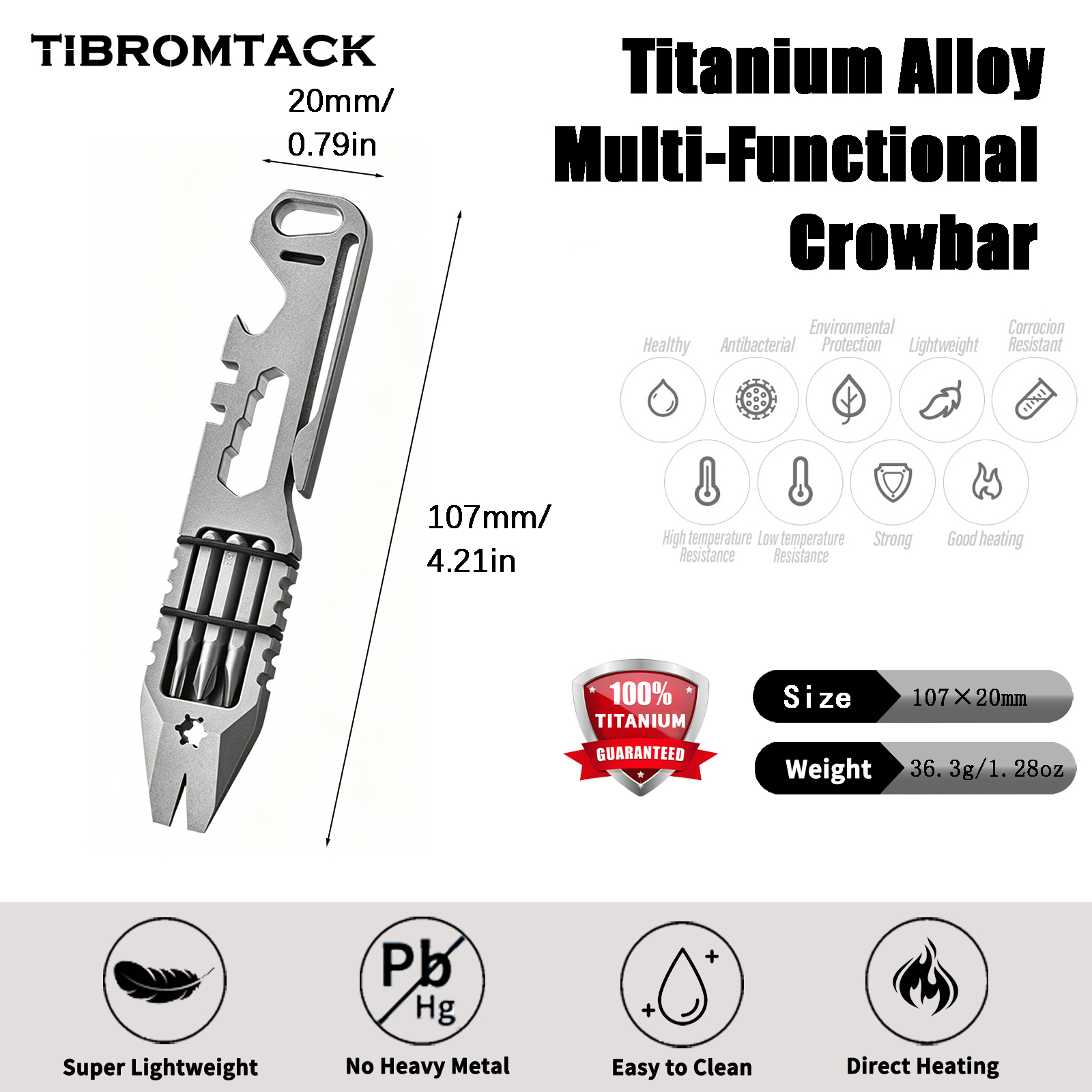 TIBROMTACK Titanium Multi-Functional Mini EDC Tool, Gr5 Titanium Alloy, Bottle Opener, Nail Puller, Wrench, Bike Hub Adjuster, Screwdriver
