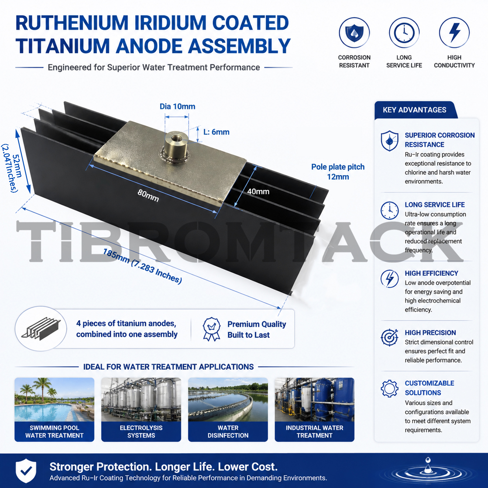 TIBROMTACK RuIr Coated Titanium Anode Assembly for Swimming Pool
