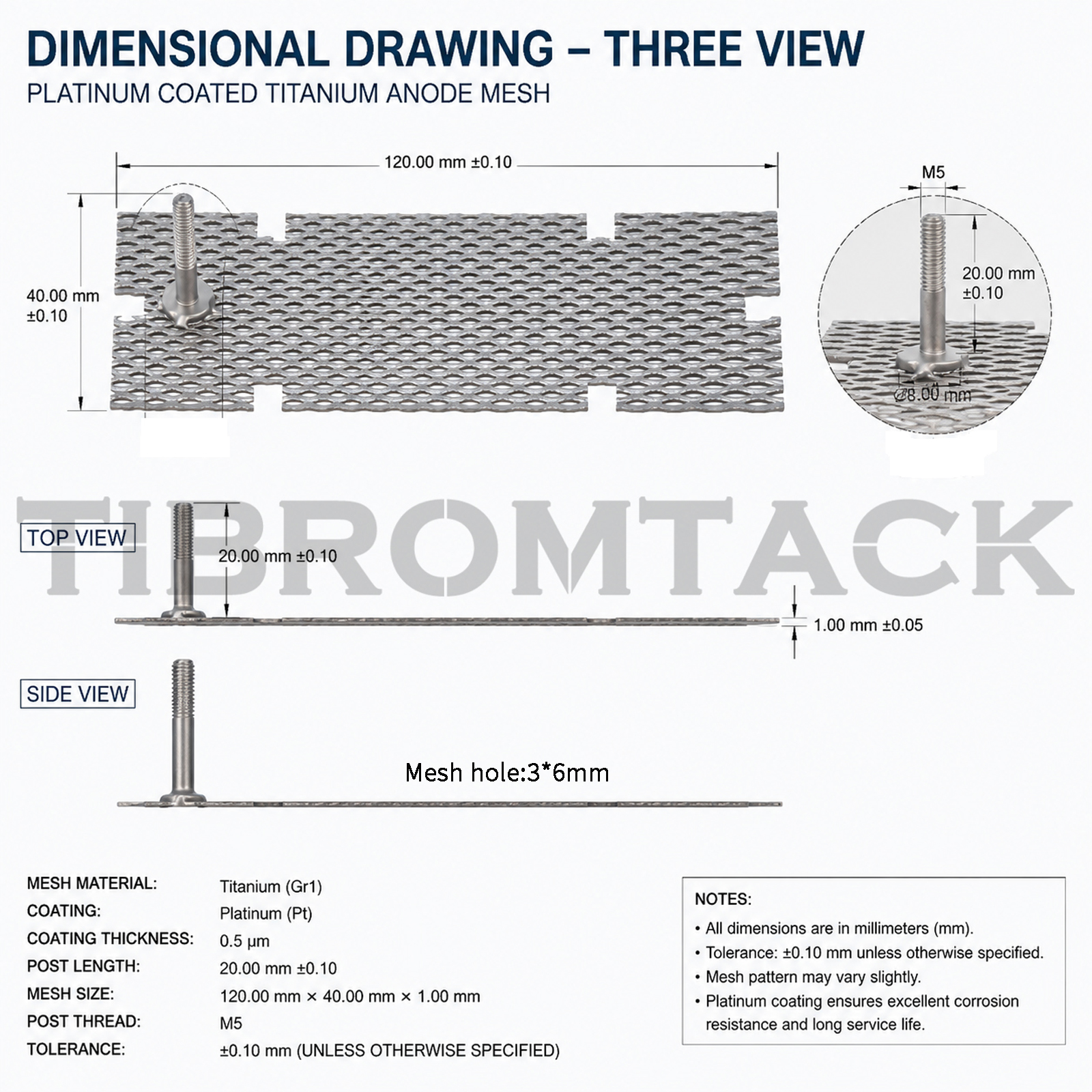 Platinum Coated Titanium Anode Mesh 120×40mm for Water Treatment