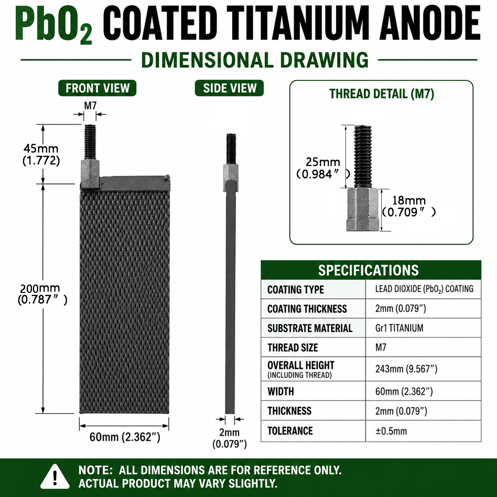 PbO2 Coated Titanium Anode 200×60×2mm for Water Treatment 
