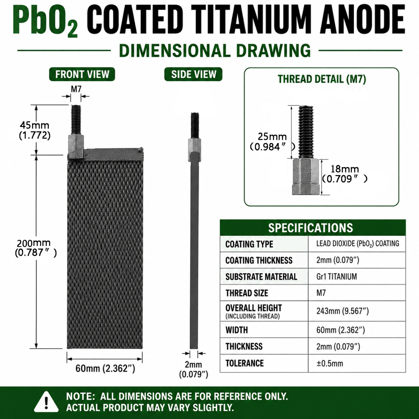 PbO2 Coated Titanium Anode 200×60×2mm for Water Treatment 