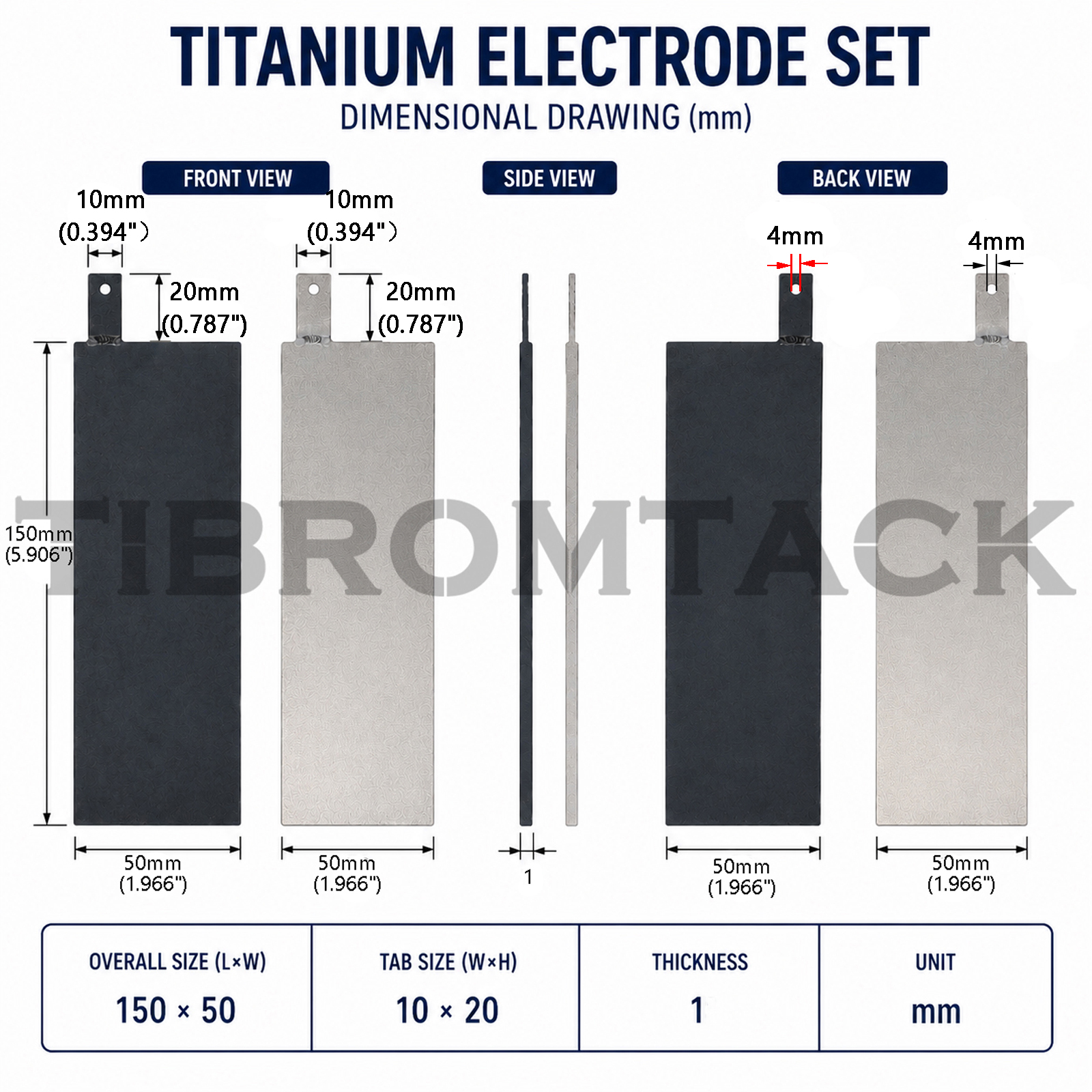 Titanium Electrode Set with Terminal 150x50x1mm