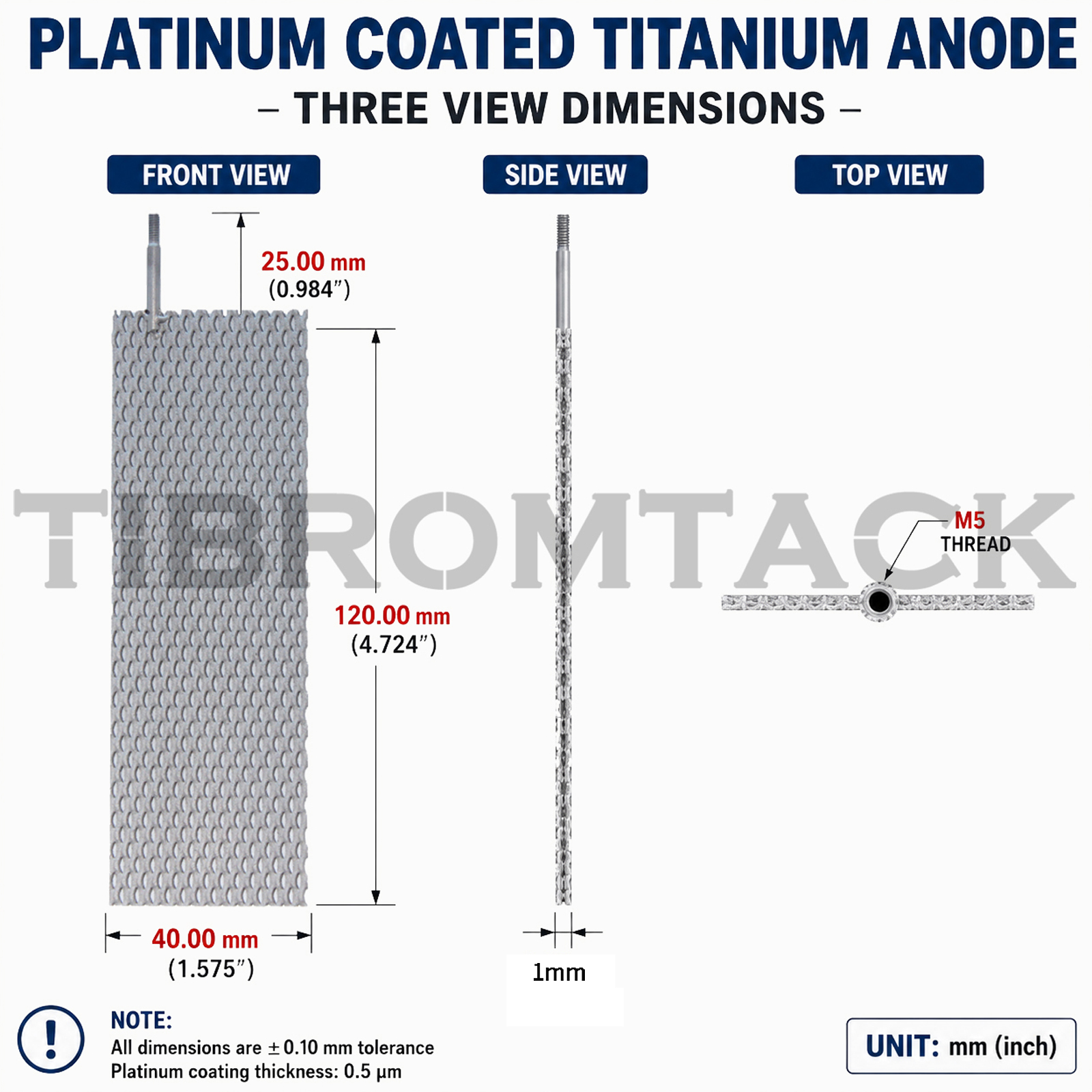 TIBROMTACK Platinum Coated Titanium Anode Mesh 120×40×1mm