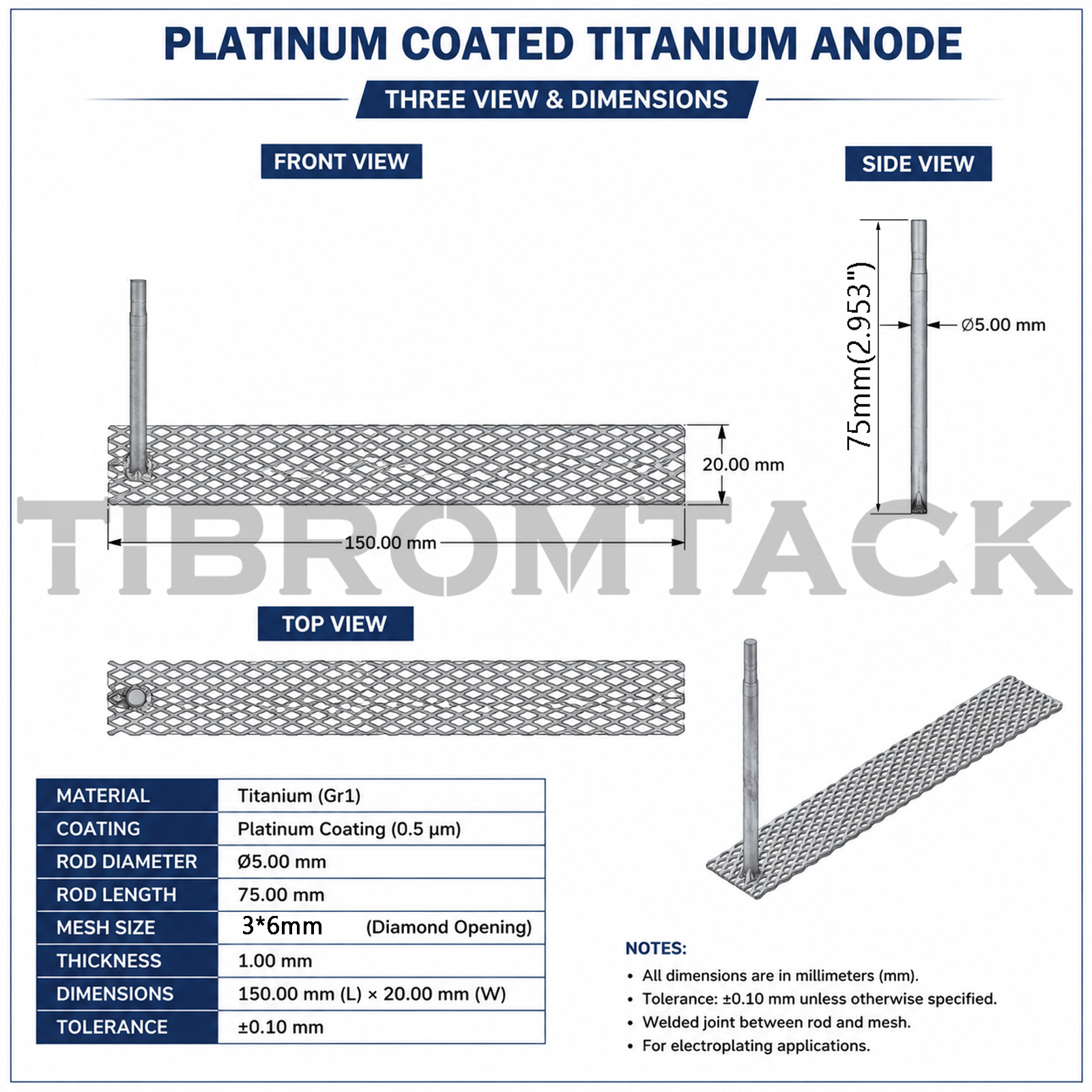TIBROMTACK Platinum Coated Titanium Anode Mesh