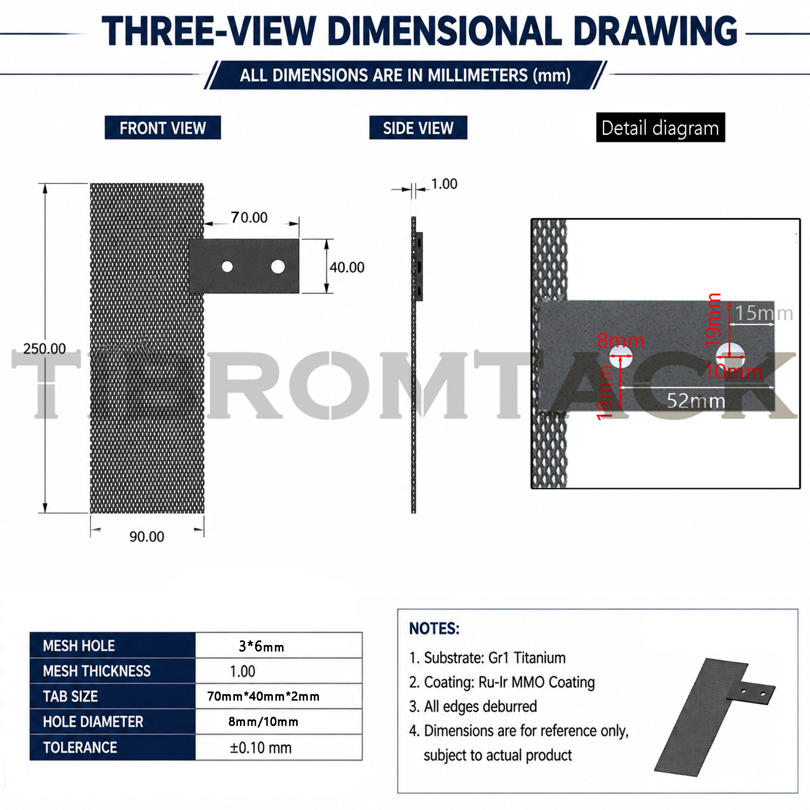 TIBROMTACK Ru-Ir MMO Coated Titanium Anode Mesh with Terminal