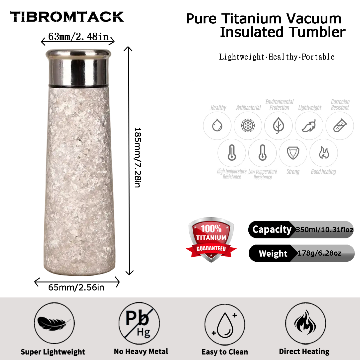 TIBROMTACK Pure Titanium Health-preserving Insulated Cup - 178g Lightweight (50% Lighter Than Steel) BPA Free Vacuum Flask, 185mm×65mm, For Hot & Cold Drinks, Travel & Daily Use