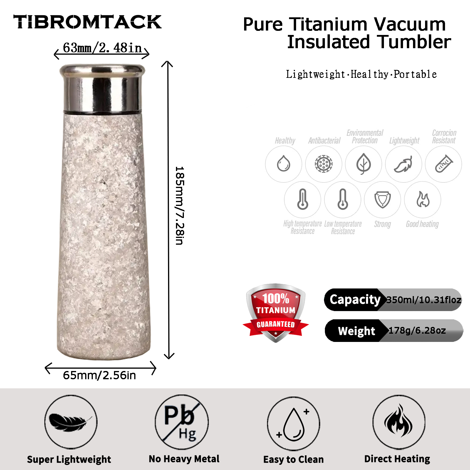 TIBROMTACK Pure Titanium Health-preserving Insulated Cup - 178g Lightweight (50% Lighter Than Steel) BPA Free Vacuum Flask, 185mm×65mm, For Hot & Cold Drinks, Travel & Daily Use