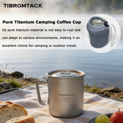TIBROMTACK Titanium Mug 420ml, 89g Ultralight Titanium Cup for Camping Hiking, Heat-Resistant Outdoor Mug with Handle