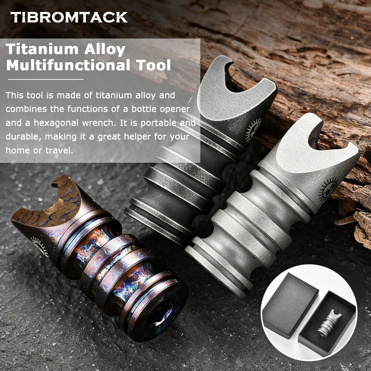 TIBROMTACK Titanium Multitool, Compact Titanium Bottle Opener & Hex Wrench, 28g Lightweight High-Strength EDC Tool for Home, Camping, Bicycle Repair