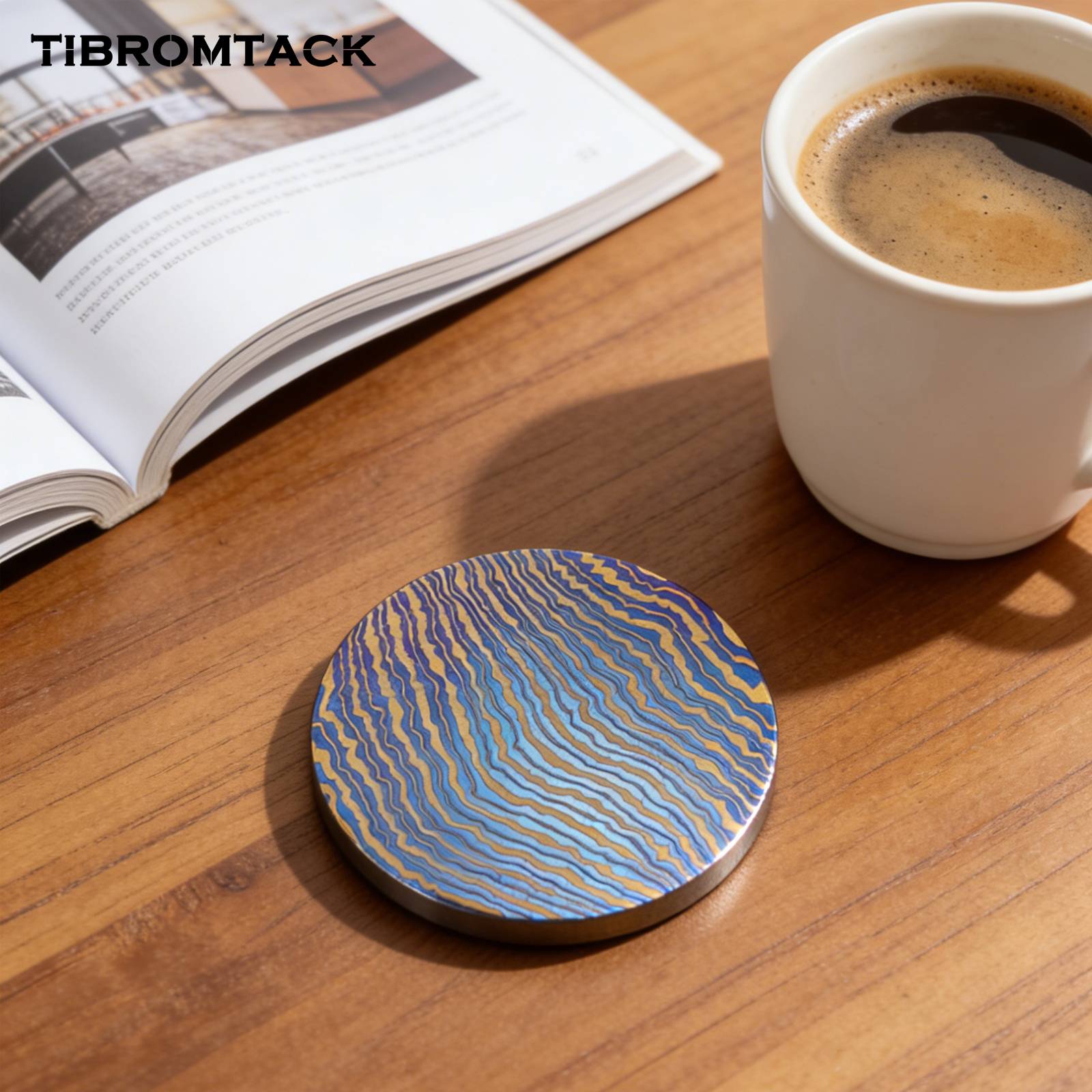 TIBROMTACK Titanium Damascus Coin, EDC Coin, Unique Art Collectible, Blue Gold Anodized, Dia 1.65” Desktop Decoration Gift, 31.8g Durable Titanium Craft