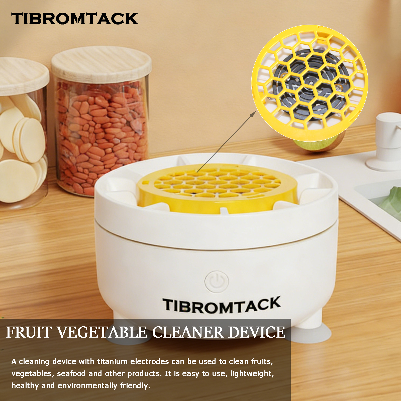 TIBROMTACK Fruit Vegetable Cleaner Device, Titanium Electrode Plate Food Purifier for Fruits, Vegetables, Meat & Seafood, Easy Clean Design, Compact Size (4.4in Diameter)