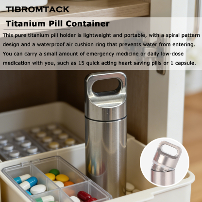 TIBROMTACK Titanium Pill Container, Waterproof Seal Metal Pill Case, Ultra-Light 6.8g Portable Pill Holder for Travel, Commute, Medicine Storage