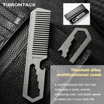 TIBROMTACK Titanium Alloy Comb Multifunctional EDC Gear - 4-in-1 Comb Bottle Opener Wrench Ruler, Lightweight 14.8g Titanium EDC Tool for Camping Commute