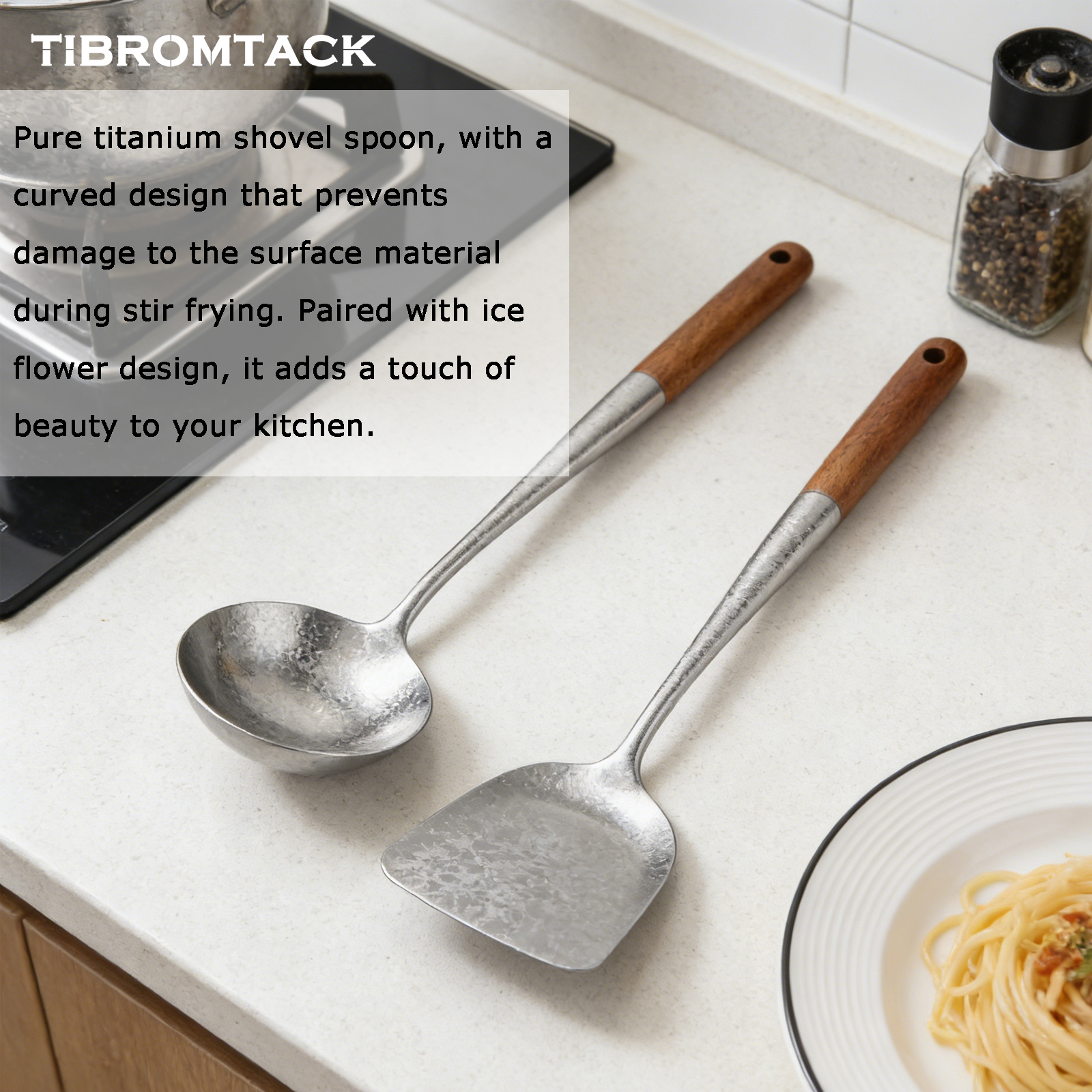 TIBROMTACK Titanium Utensils Set, Titanium Spatula and Spoon with Natural Pear Wood Handle, Ice Flower Texture, Lightweight Heat Resistant Kitchen Tools(16.65in Spatula & 16.47in Spoon)