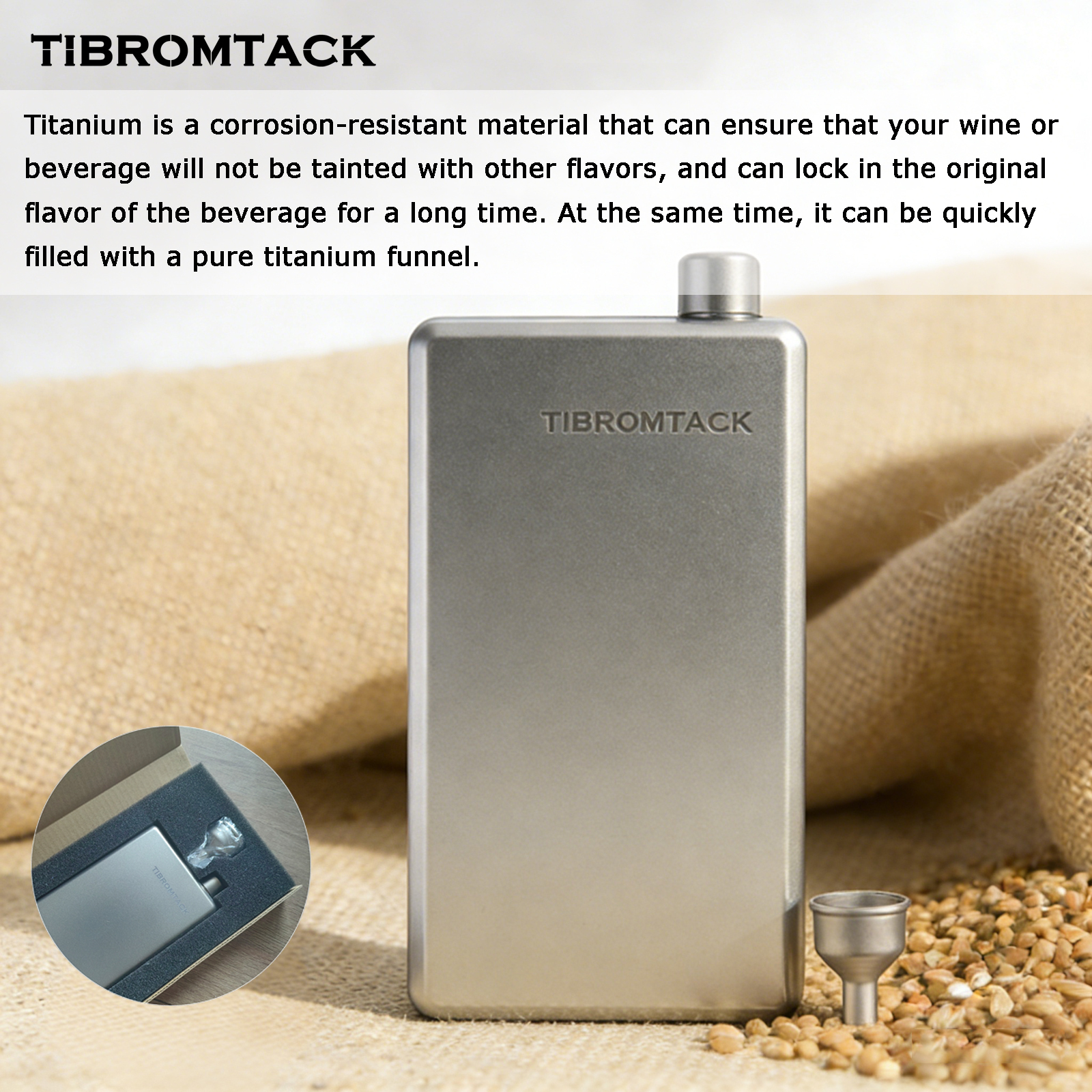TIBROMTACK Titanium Flask, Hip Flask for Men, Lightweight Wine Flask for Outdoor, Travel & Daily Use, with Funnel