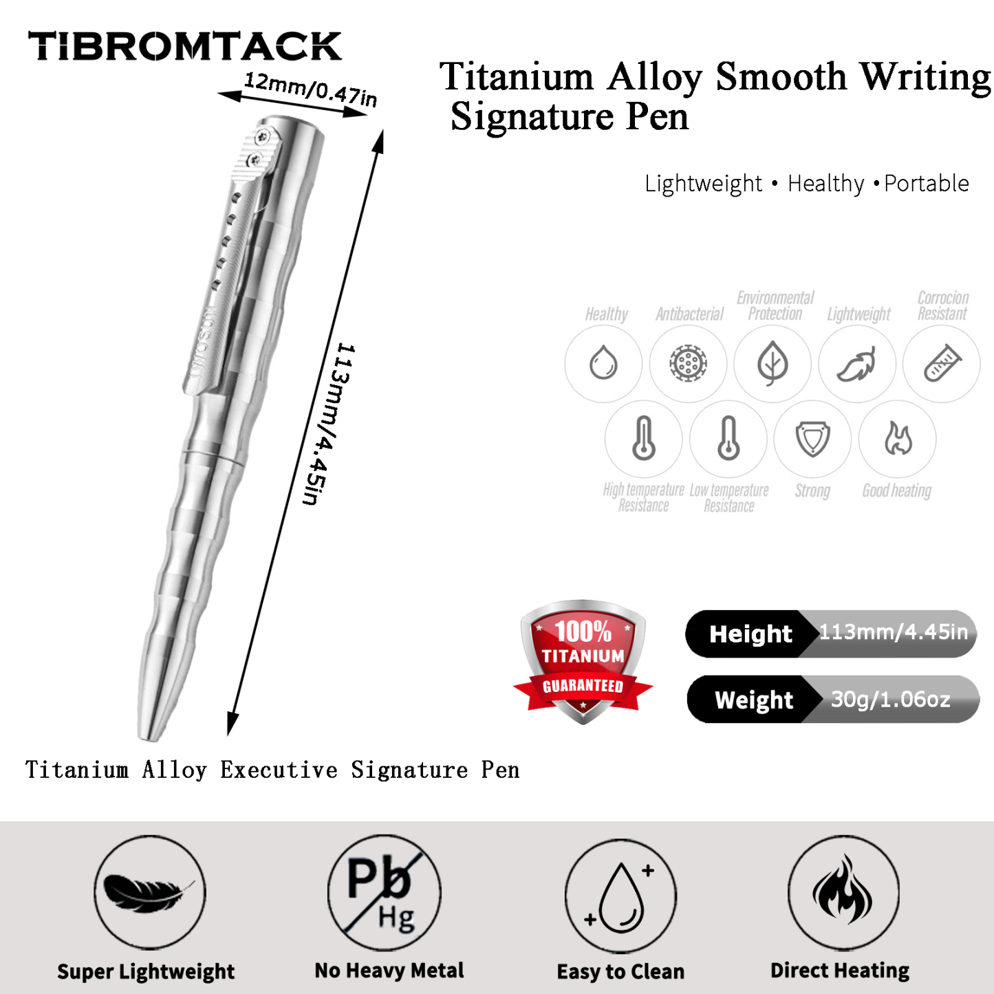 TIBROMTACK Pure Titanium Bolt Action Pen - 113mm/4.45in 30g | Steel-Strength for Business Signing & Calligraphy, BPA Free