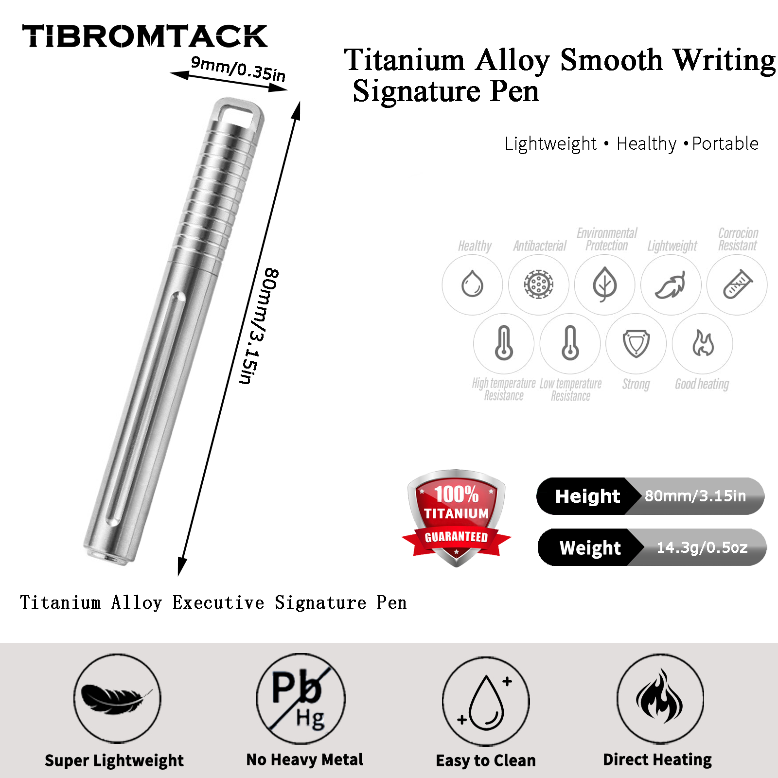 TIBROMTACK Pure Titanium Bolt Action Pen - 80mm/3.15in 14.3g Titanium Pen | Steel-Strength Ultra-Light Pen for Writing, Signing & Calligraphy Practice, BPA Free