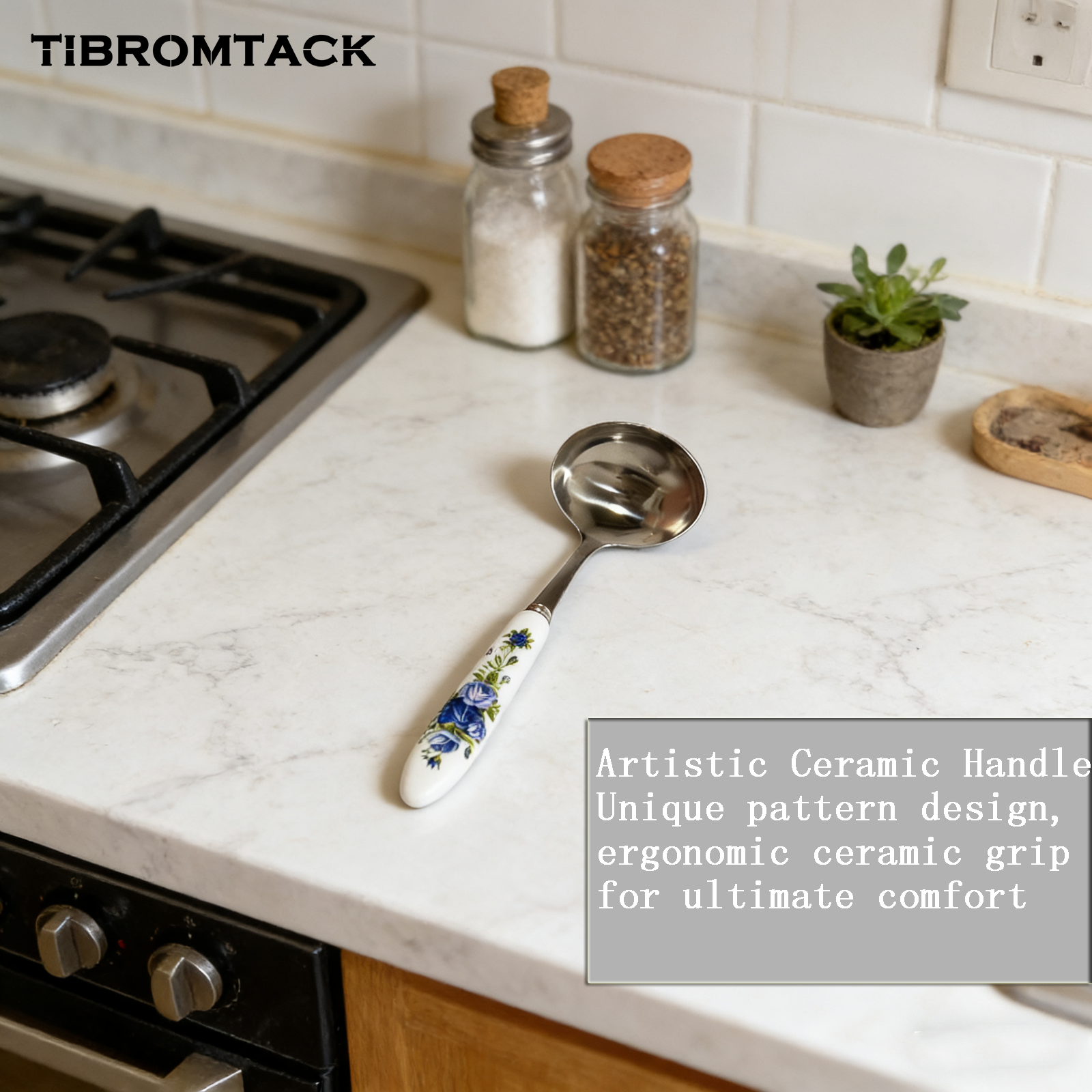 TIBROMTACK Ceramic Handle Pure Titanium Soup Spoon - 7.68in/195mm Blue Rose Pattern, 2.94oz Lightweight for Rice & Soup, BPA Free