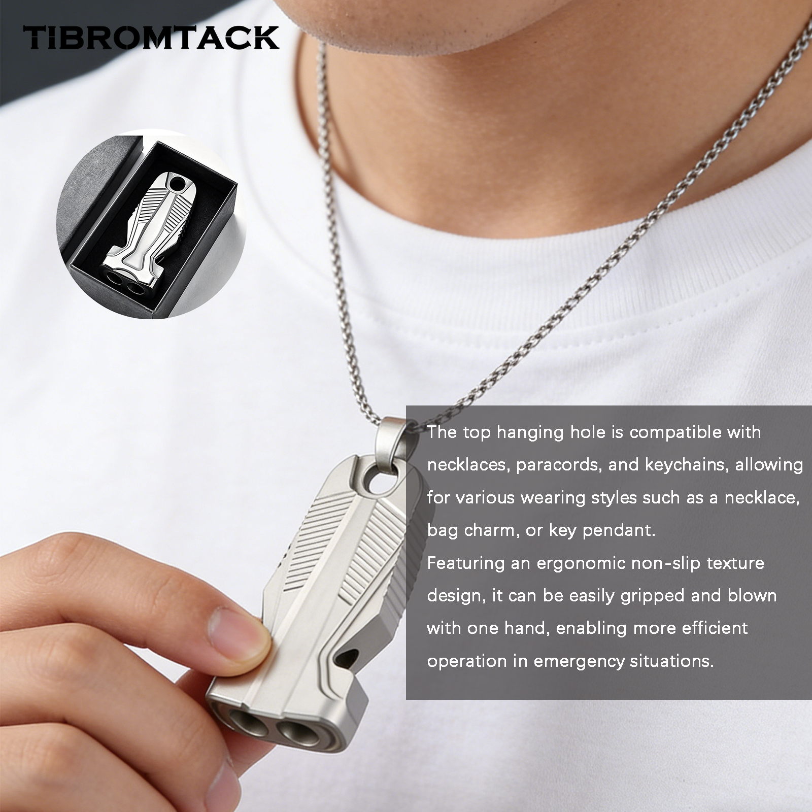 TIBROMTACK Gr5 Titanium Alloy Dual Tube Emergency Survival Whistle, Loud Safety Whistle for Adults, 1.77x0.87in, 0.67oz, BPA Free, Lightweight & High Strength