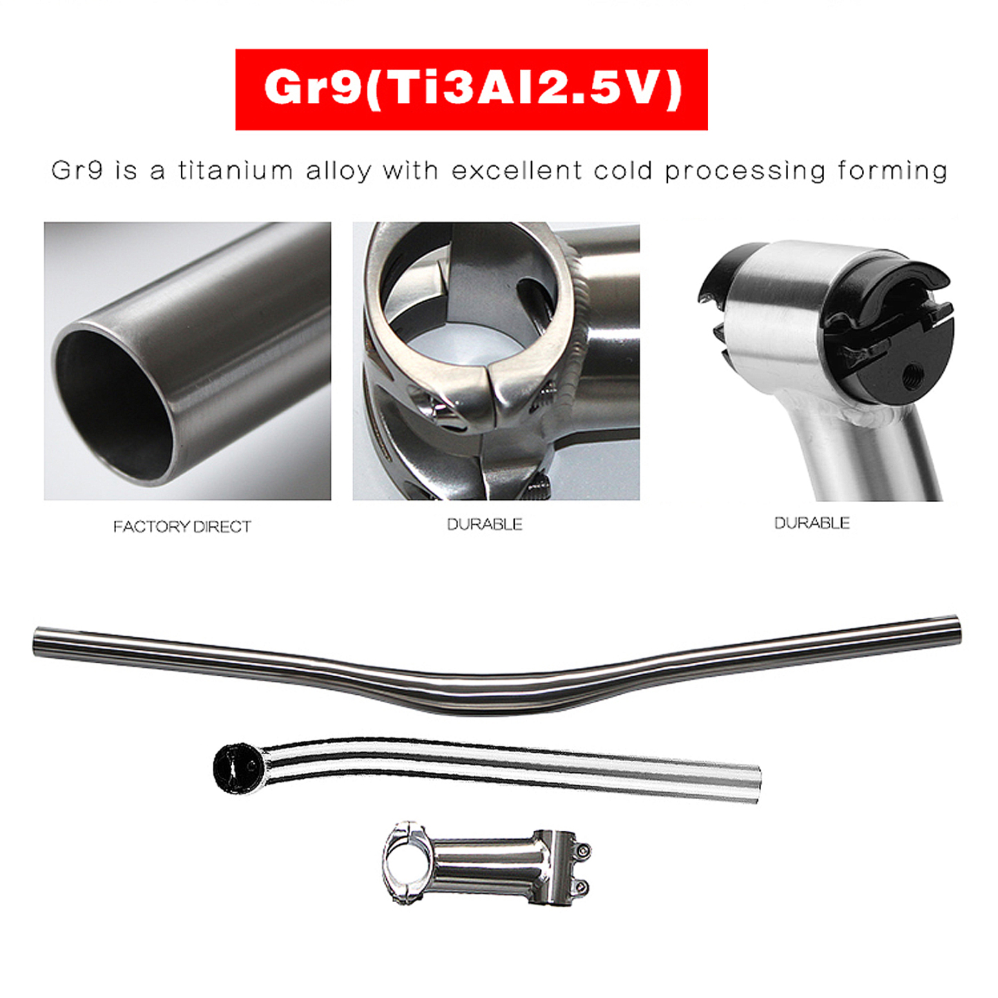 Titanium accessories for road bikes Titanium Swallow Handlebar (25.4*22.2mm, 600mm) Titanium Seat Post (27.2mm, 350mm) Titanium Stem (25.4mm, 70mm, 7° Angle)