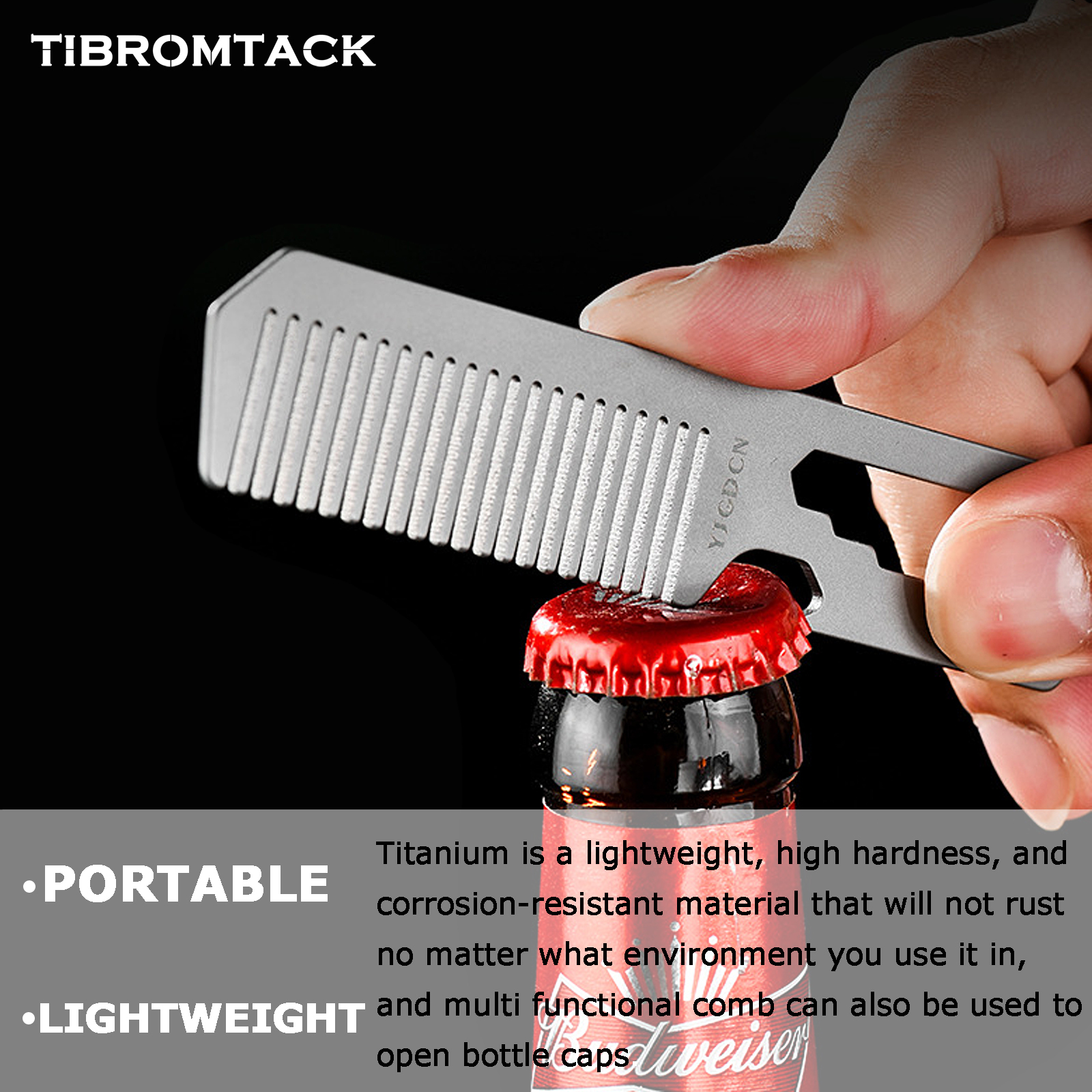 TIBROMTACK Titanium Alloy Comb Multifunctional EDC Gear - 4-in-1 Comb Bottle Opener Wrench Ruler, Lightweight 14.8g Titanium EDC Tool for Camping Commute