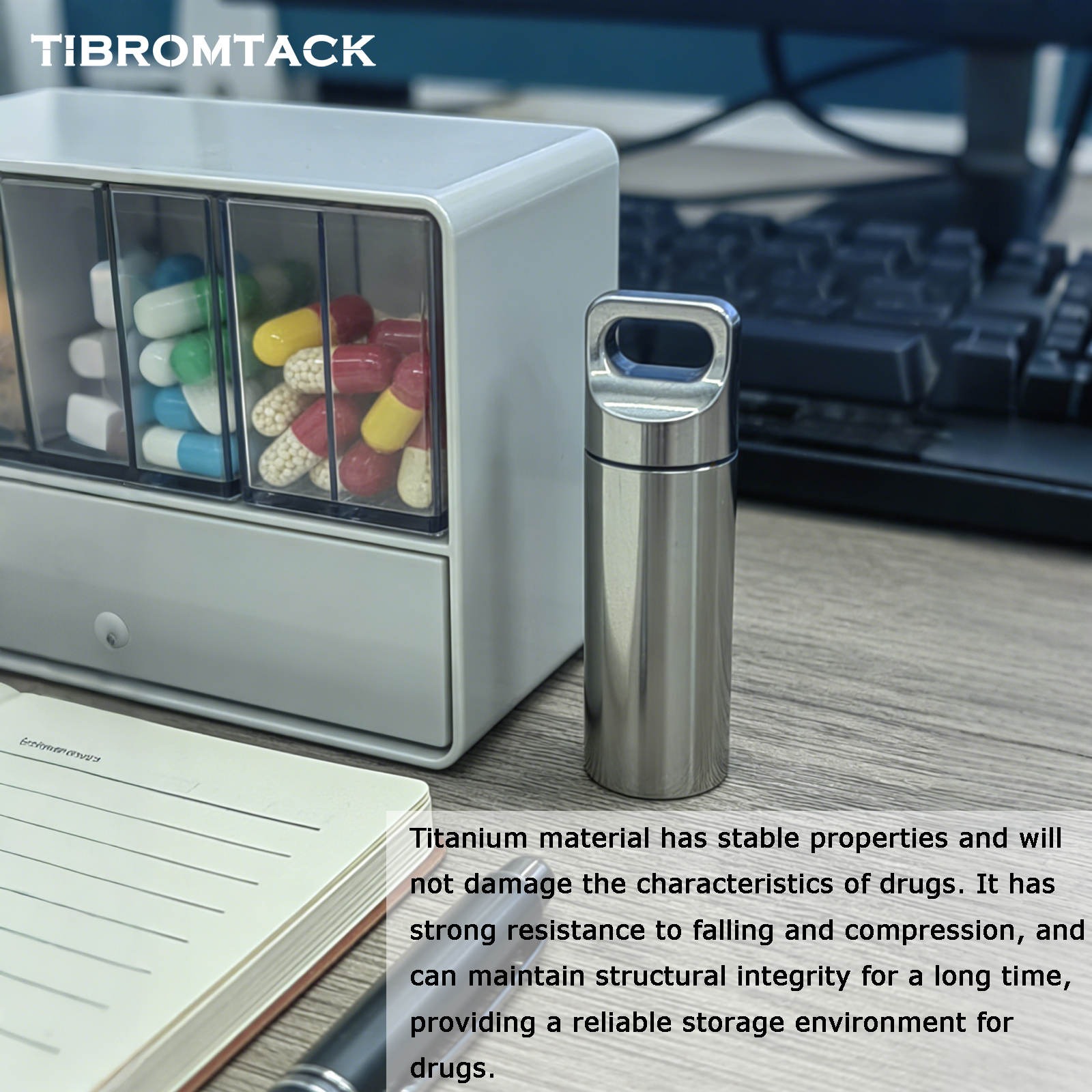 TIBROMTACK Titanium Pill Container, Waterproof Seal Metal Pill Case, Ultra-Light 6.8g Portable Pill Holder for Travel, Commute, Medicine Storage