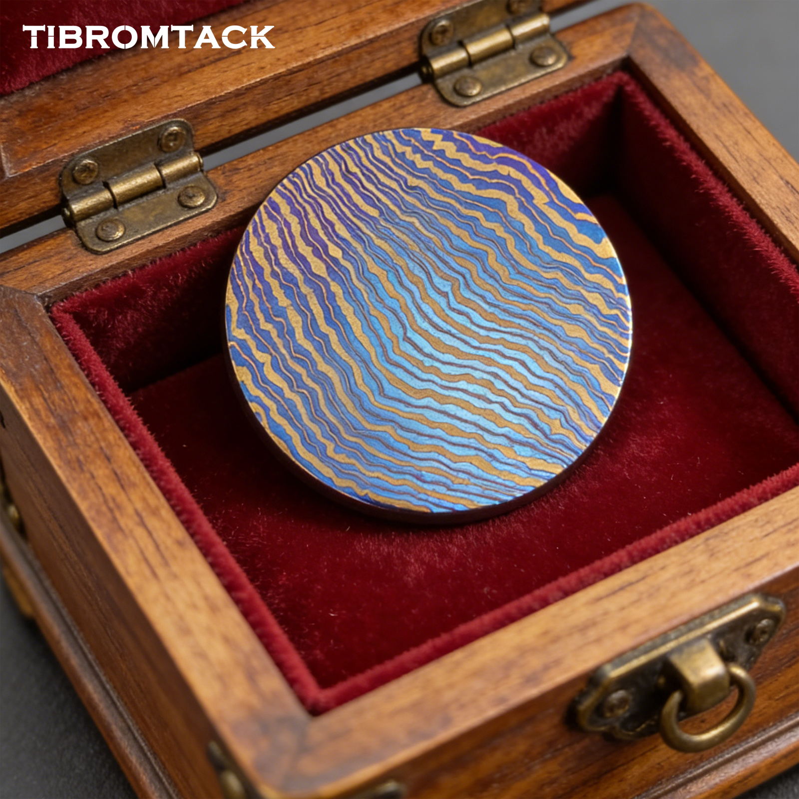TIBROMTACK Titanium Damascus Coin, EDC Coin, Unique Art Collectible, Blue Gold Anodized, Dia 1.65” Desktop Decoration Gift, 31.8g Durable Titanium Craft