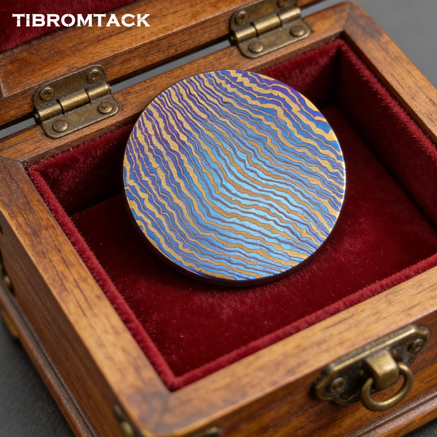 TIBROMTACK Titanium Damascus Coin, EDC Coin, Unique Art Collectible, Blue Gold Anodized, Dia 1.65” Desktop Decoration Gift, 31.8g Durable Titanium Craft