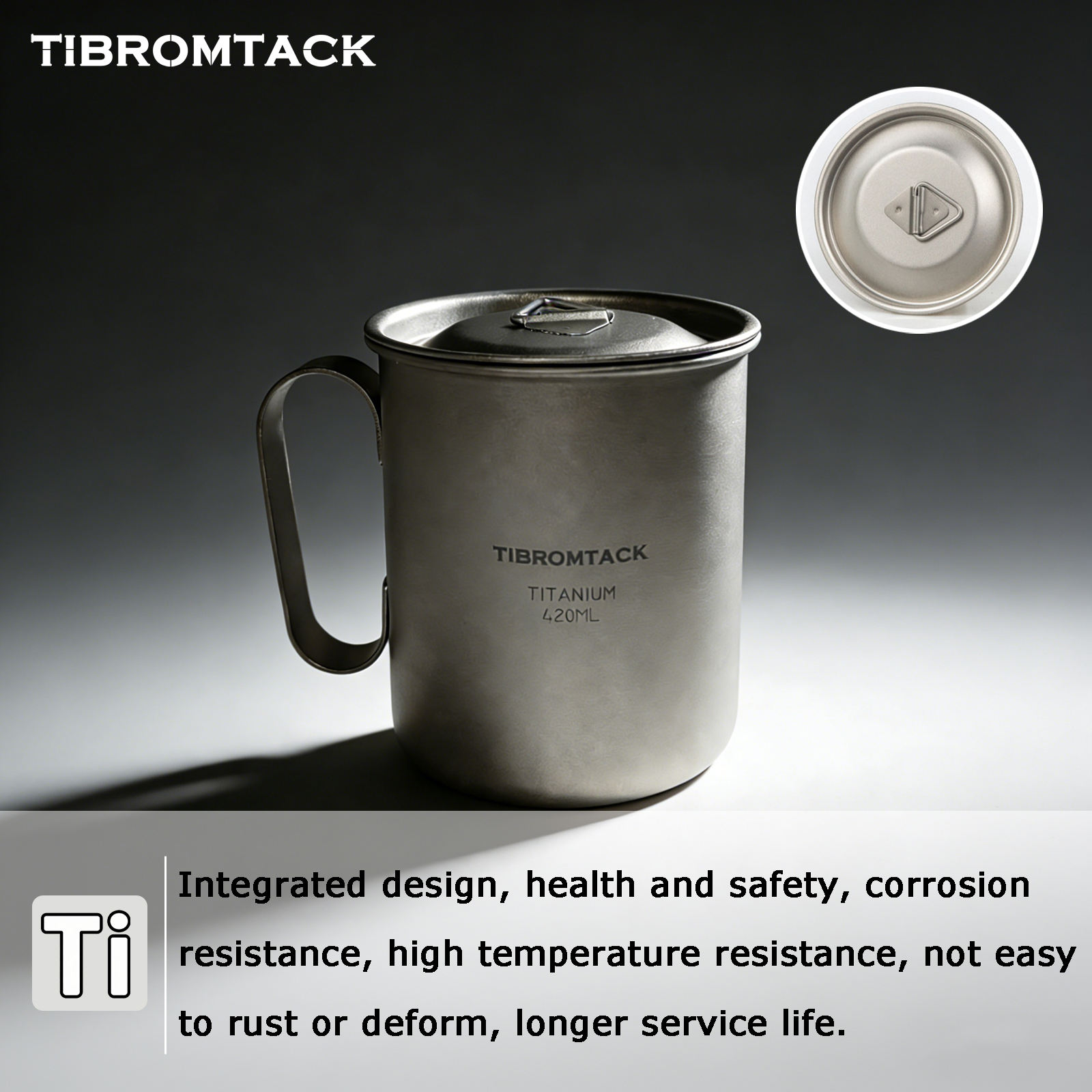 TIBROMTACK Titanium Mug 420ml, 89g Ultralight Titanium Cup for Camping Hiking, Heat-Resistant Outdoor Mug with Handle