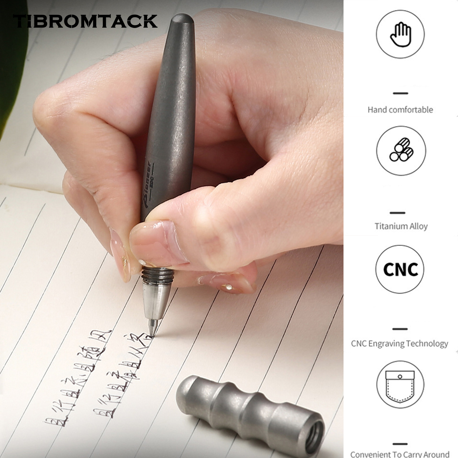 TIBROMTACK Pure Titanium Bolt Action Pen - 9.5cm/3.74in 25g EDC Fidget Pen | Steel-Strength Titanium Pen with Keychain for Writing & Emergency Window Breaking