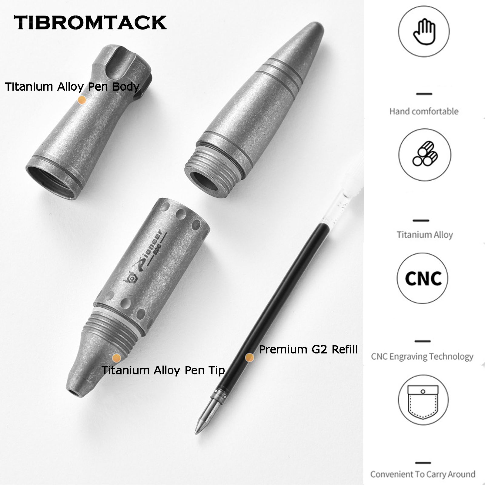 TIBROMTACK Pure Titanium Bolt Action Pen - 95mm/3.74in 27g Titanium Pen | Steel-Strength Pen for Signing & Calligraphy Practice, BPA Free