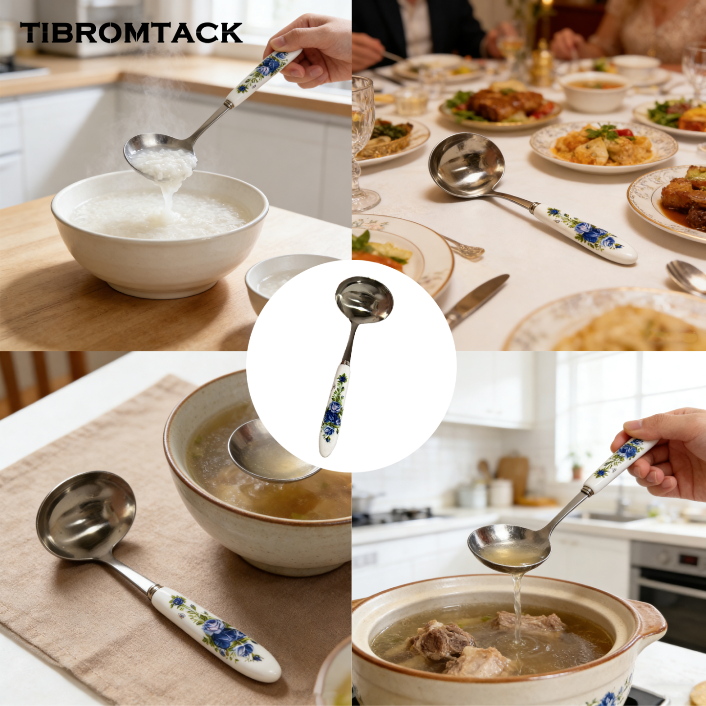 TIBROMTACK Ceramic Handle Pure Titanium Soup Spoon - 7.68in/195mm Blue Rose Pattern, 2.94oz Lightweight for Rice & Soup, BPA Free