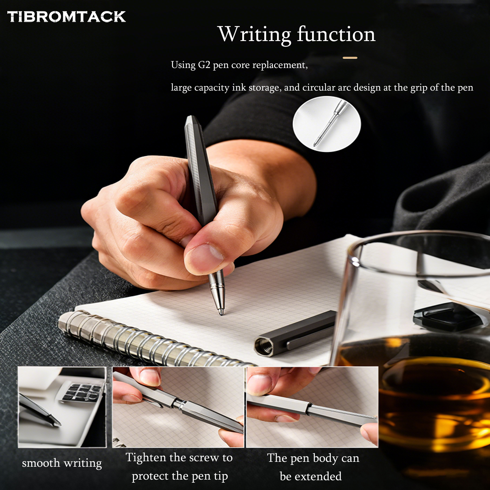 Titanium Tactical EDC Pen, Lightweight & Durable Survival Pen with Tungsten Steel Glass Breaker, G2 Refill Compatible, Comfortable Anti-Slip Grip for Daily Carry, Outdoor & Emergency Use