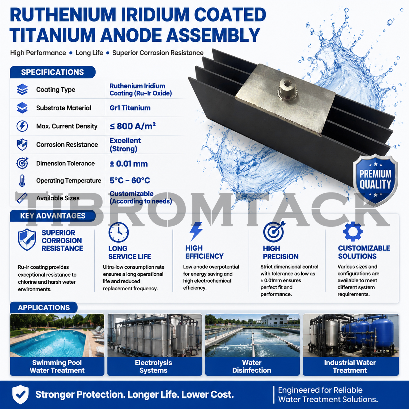 TIBROMTACK RuIr Coated Titanium Anode Assembly for Swimming Pool