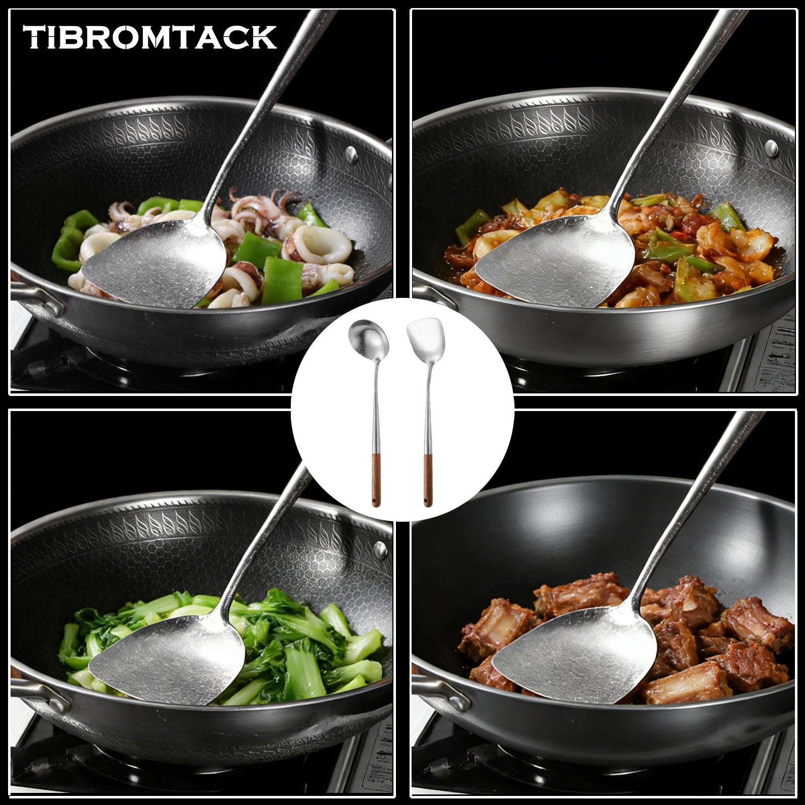 TIBROMTACK Titanium Utensils Set, Titanium Spatula and Spoon with Natural Pear Wood Handle, Ice Flower Texture, Lightweight Heat Resistant Kitchen Tools(16.65in Spatula & 16.47in Spoon)