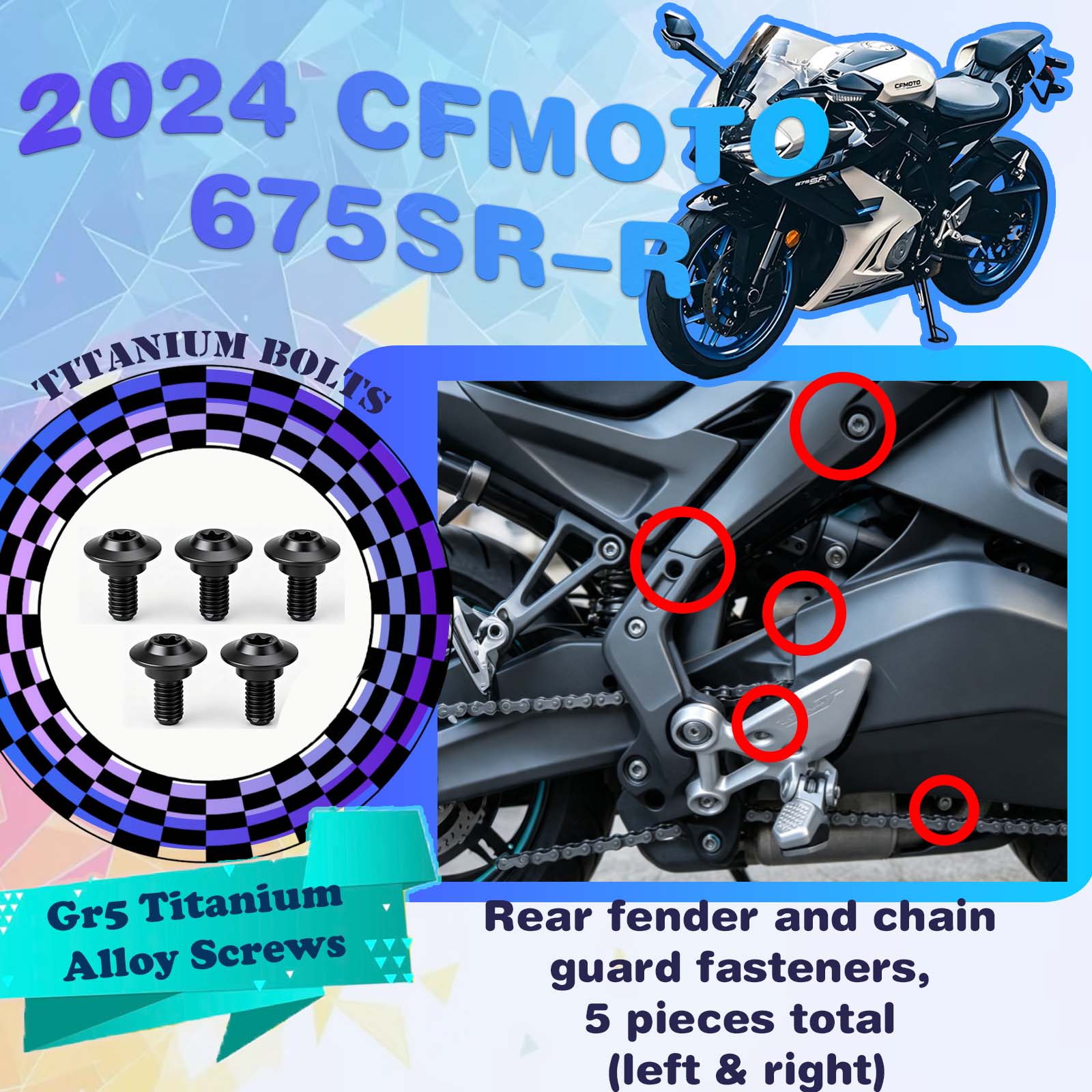 TIFOLD Full‑Vehicle Titanium Alloy Modification Screws for CFMOTO 675 SR‑R, 2024 Model
