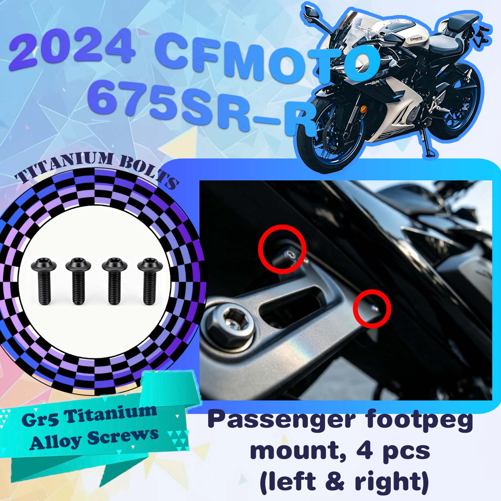 TIFOLD Full‑Vehicle Titanium Alloy Modification Screws for CFMOTO 675 SR‑R, 2024 Model