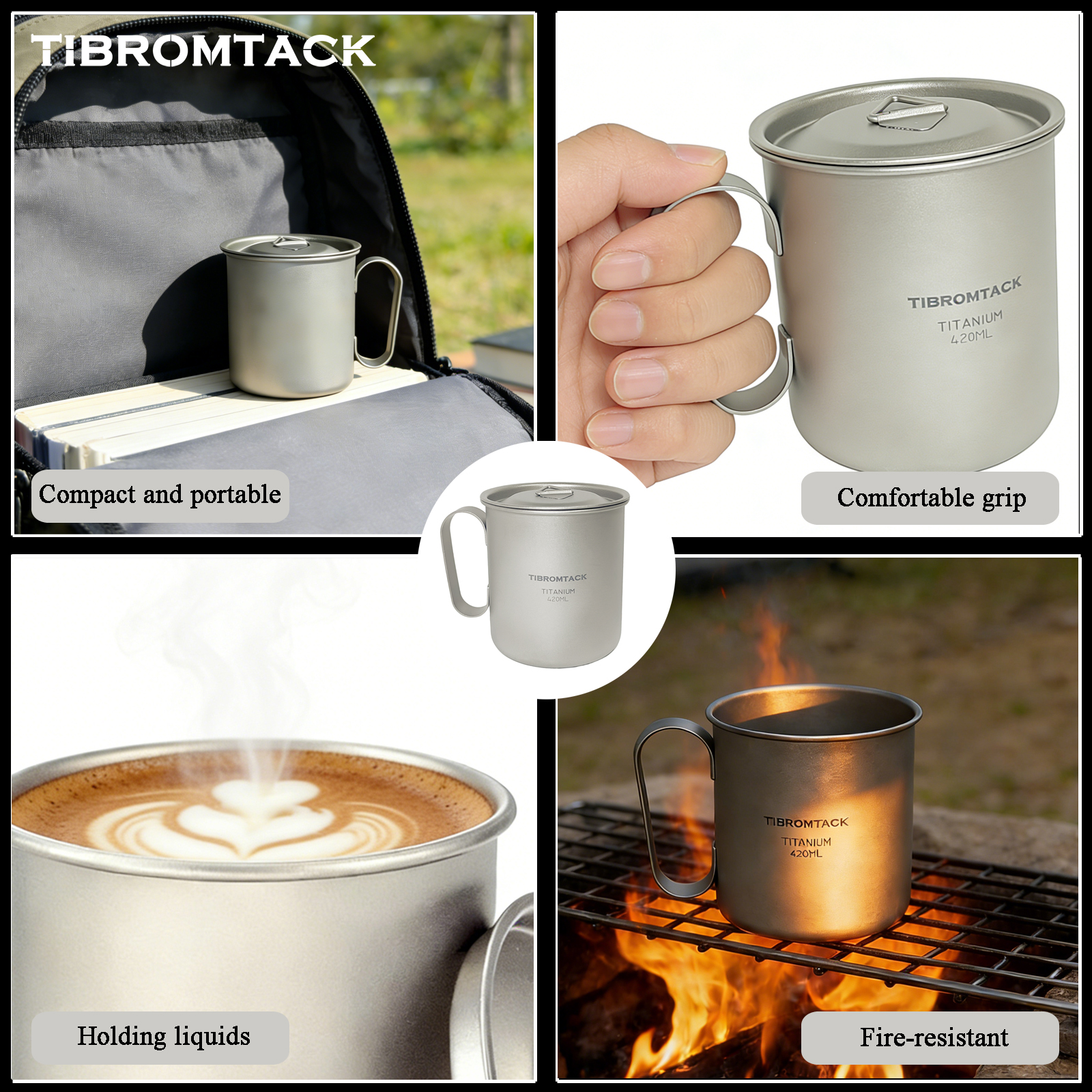 TIBROMTACK Titanium Mug 420ml, 89g Ultralight Titanium Cup for Camping Hiking, Heat-Resistant Outdoor Mug with Handle