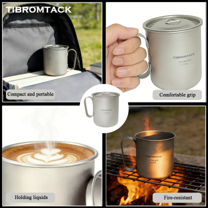 TIBROMTACK Titanium Mug 420ml, 89g Ultralight Titanium Cup for Camping Hiking, Heat-Resistant Outdoor Mug with Handle