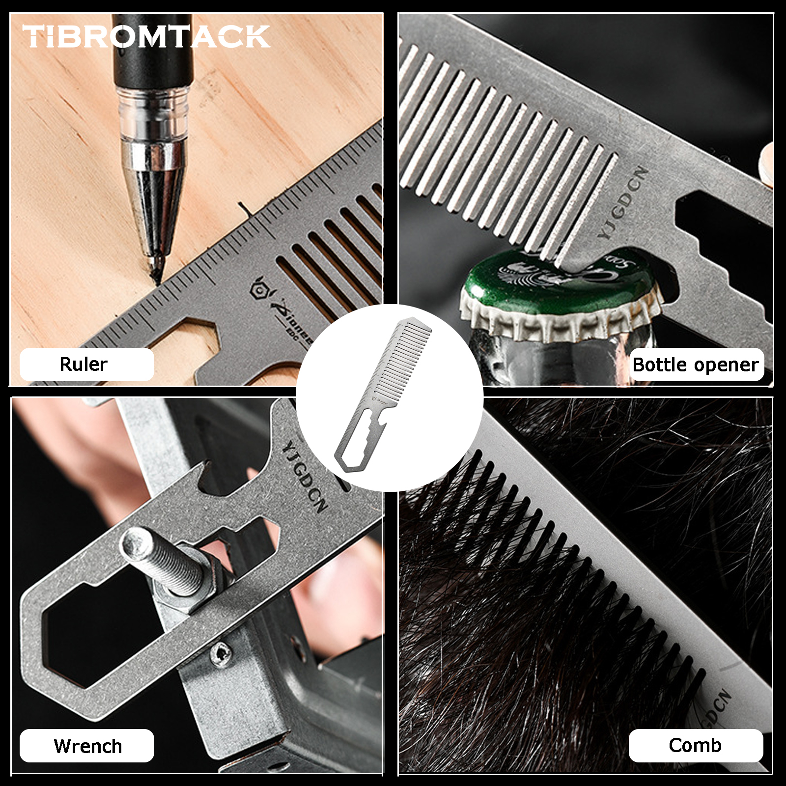 TIBROMTACK Titanium Alloy Comb Multifunctional EDC Gear - 4-in-1 Comb Bottle Opener Wrench Ruler, Lightweight 14.8g Titanium EDC Tool for Camping Commute