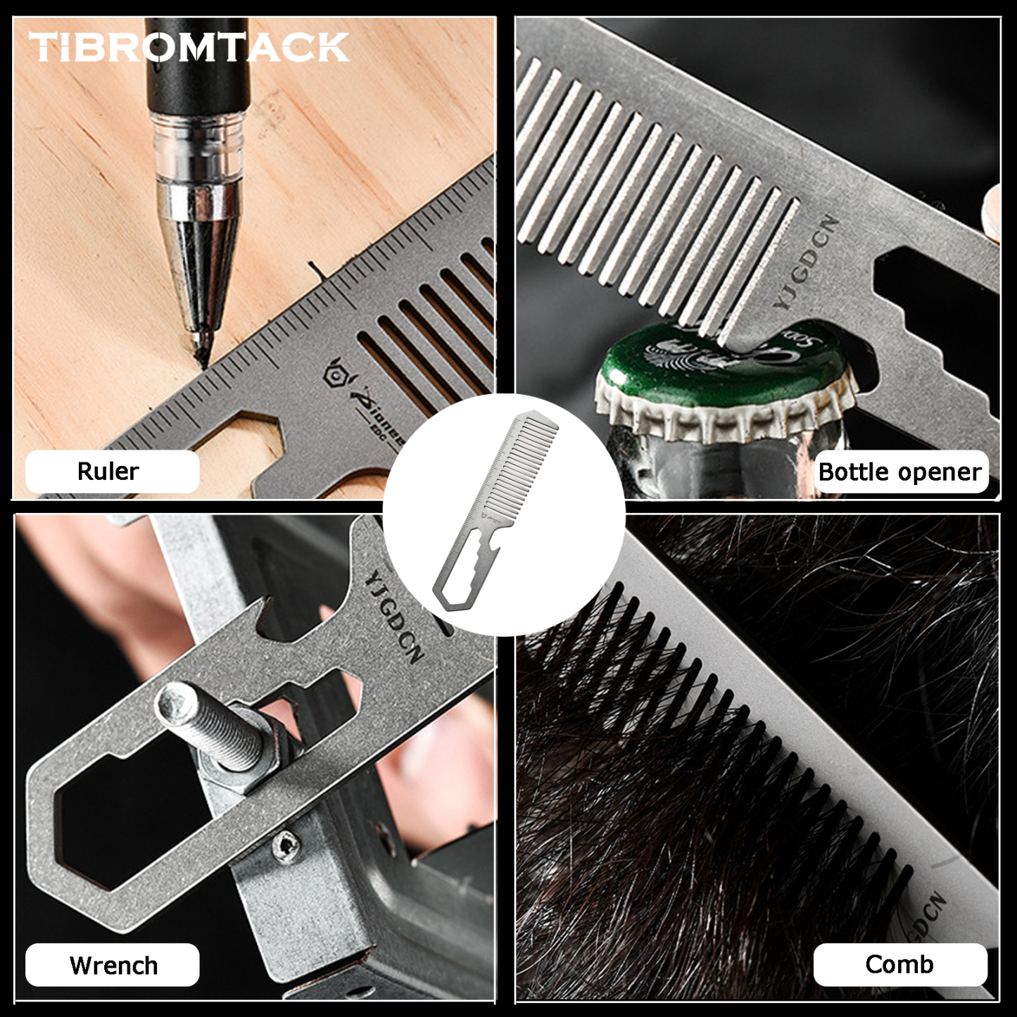 TIBROMTACK Titanium Alloy Comb Multifunctional EDC Gear - 4-in-1 Comb Bottle Opener Wrench Ruler, Lightweight 14.8g Titanium EDC Tool for Camping Commute