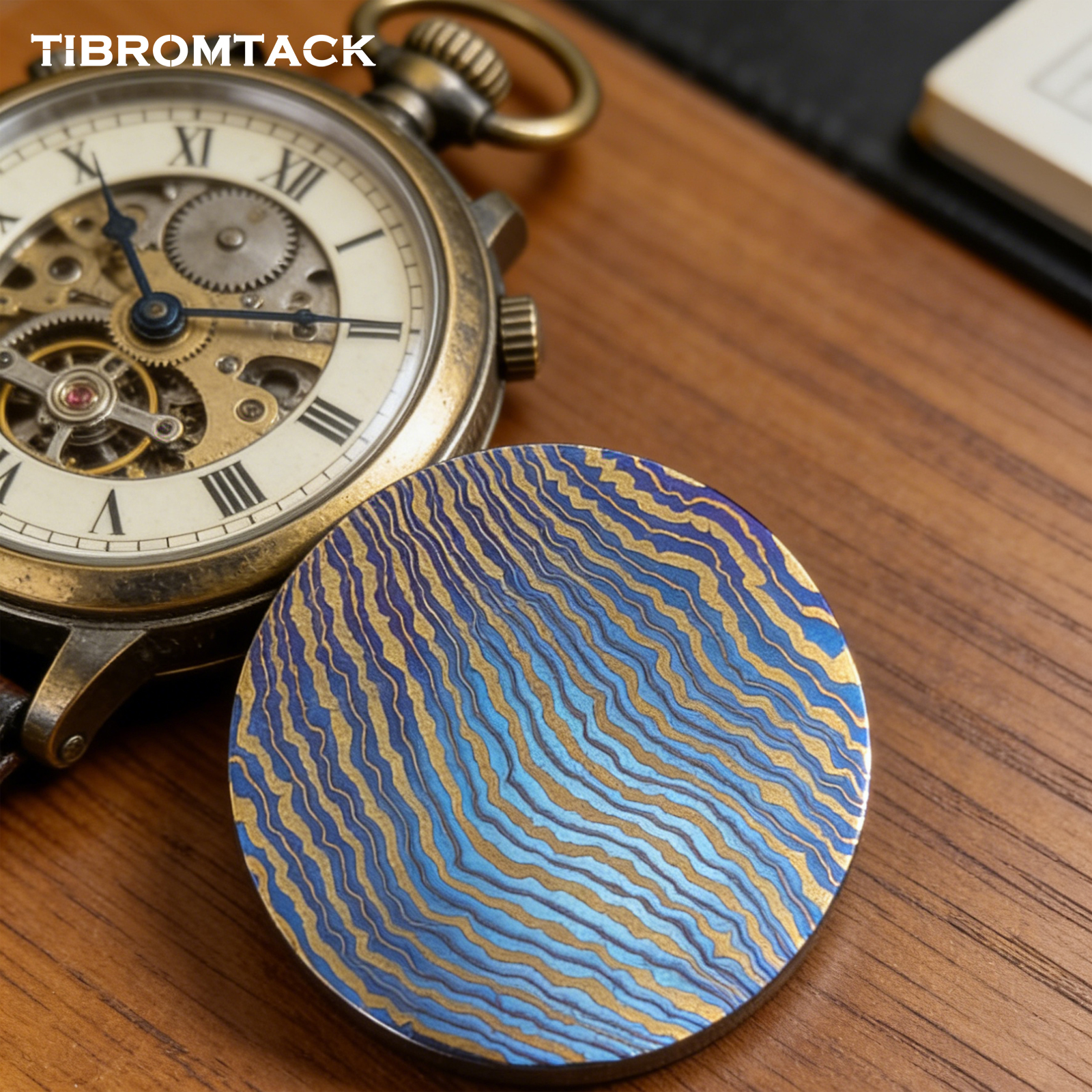 TIBROMTACK Titanium Damascus Coin, EDC Coin, Unique Art Collectible, Blue Gold Anodized, Dia 1.65” Desktop Decoration Gift, 31.8g Durable Titanium Craft