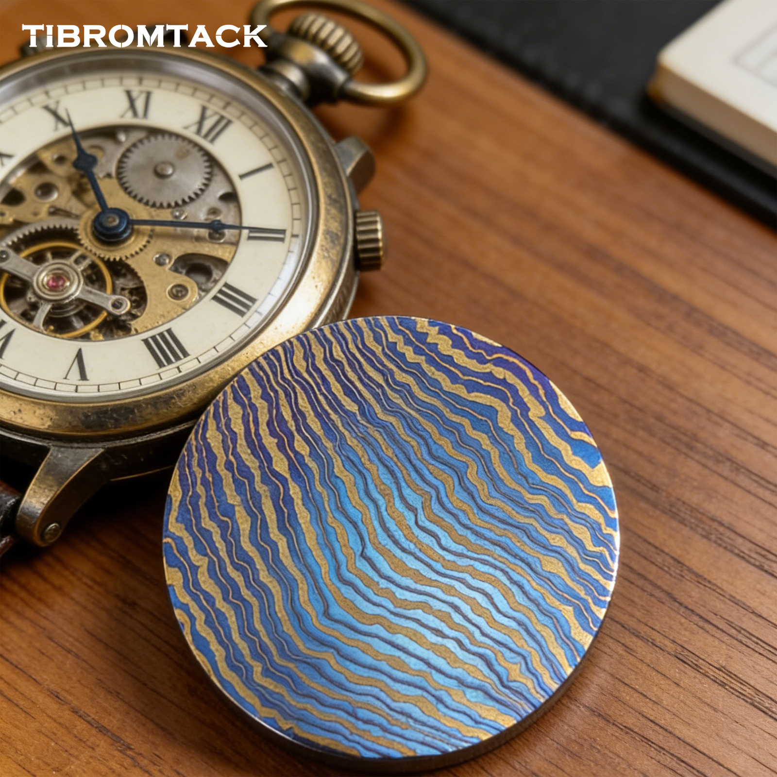 TIBROMTACK Titanium Damascus Coin, EDC Coin, Unique Art Collectible, Blue Gold Anodized, Dia 1.65” Desktop Decoration Gift, 31.8g Durable Titanium Craft