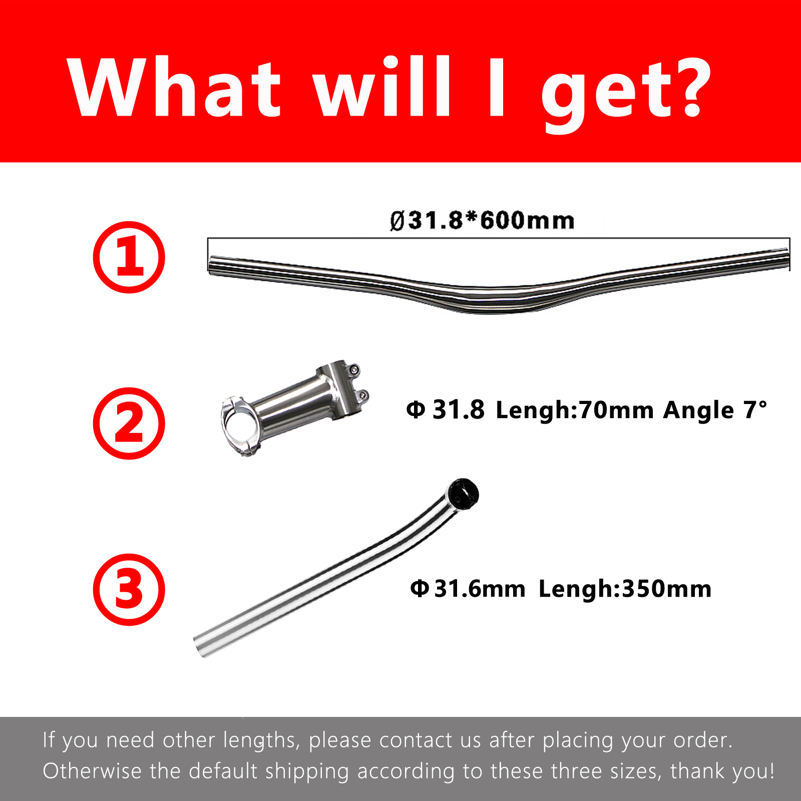 Premium Titanium MTB 3-Piece Set Titanium Swallow Handlebar (31.8*22.2mm, 600mm) Titanium Seat Post (31.6mm, 350mm) Titanium Stem Post (31.8mm, 70mm, 7° Angle)