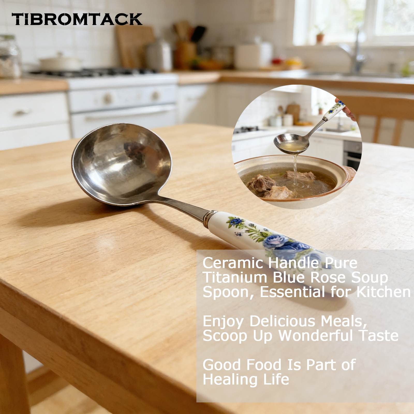 TIBROMTACK Ceramic Handle Pure Titanium Soup Spoon - 7.68in/195mm Blue Rose Pattern, 2.94oz Lightweight for Rice & Soup, BPA Free