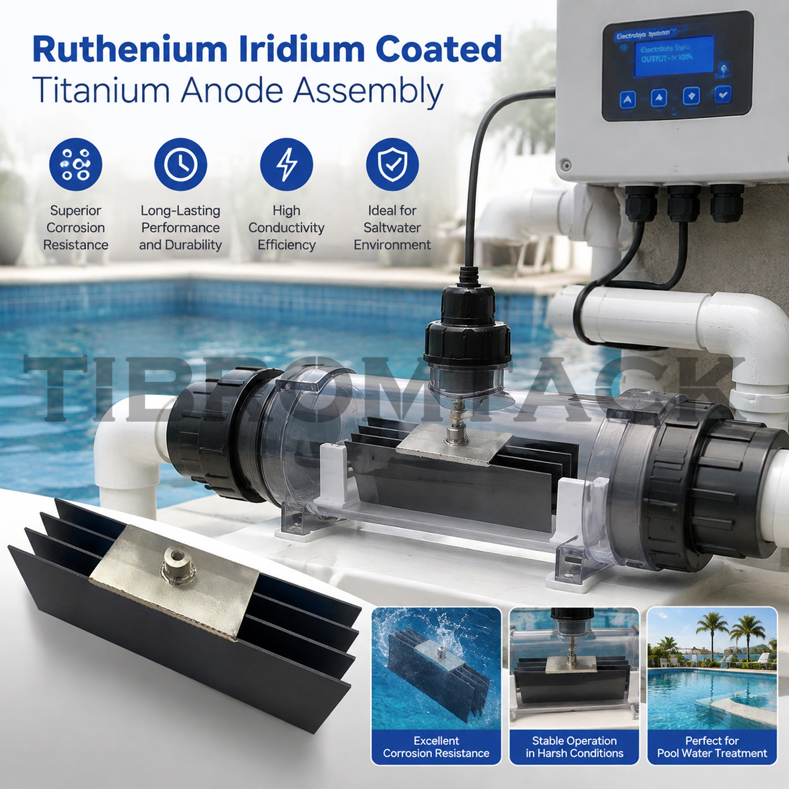 TIBROMTACK RuIr Coated Titanium Anode Assembly for Swimming Pool