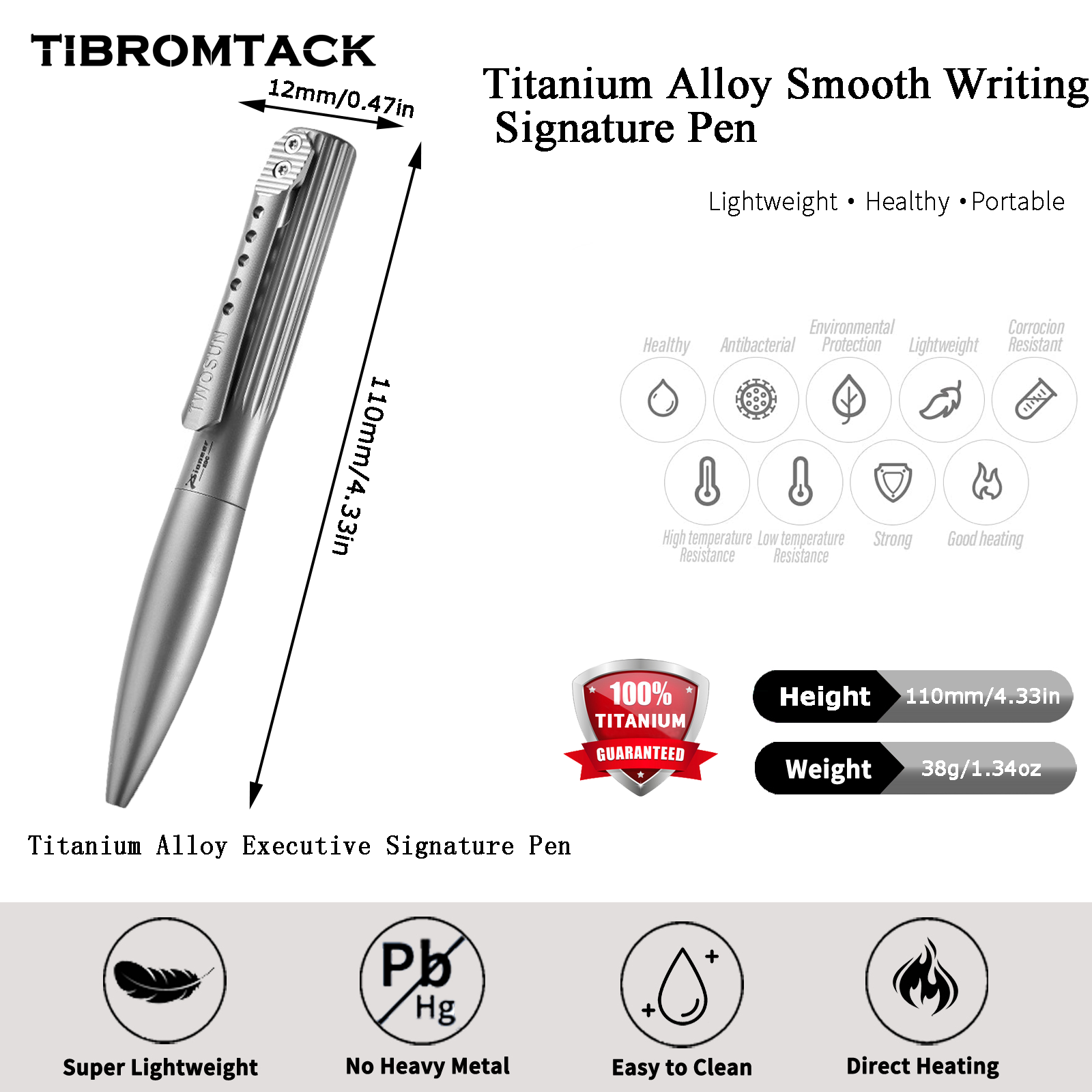 TIBROMTACK Pure Titanium Bolt Action Pen - 110mm/4.33in 38g Titanium Tactical Pen | Steel-Strength Business Pen for Writing & Self Defense, BPA Free